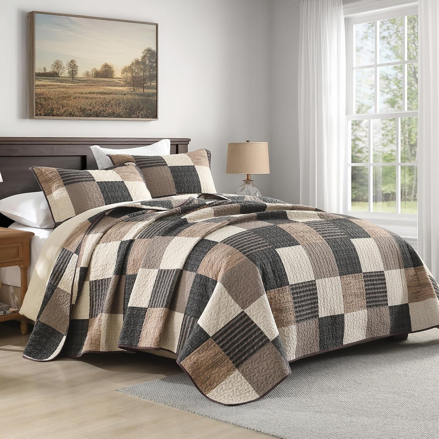 KALOOLA 100% Cotton King Size Quilt Set - Lightweight Farmhouse Quilted Bedspread with 2 Pillowshams for King Bed, Reversible Printed Plaid Design Bedding for All Season, Charcoal/Beige/Brown, 3Pcs