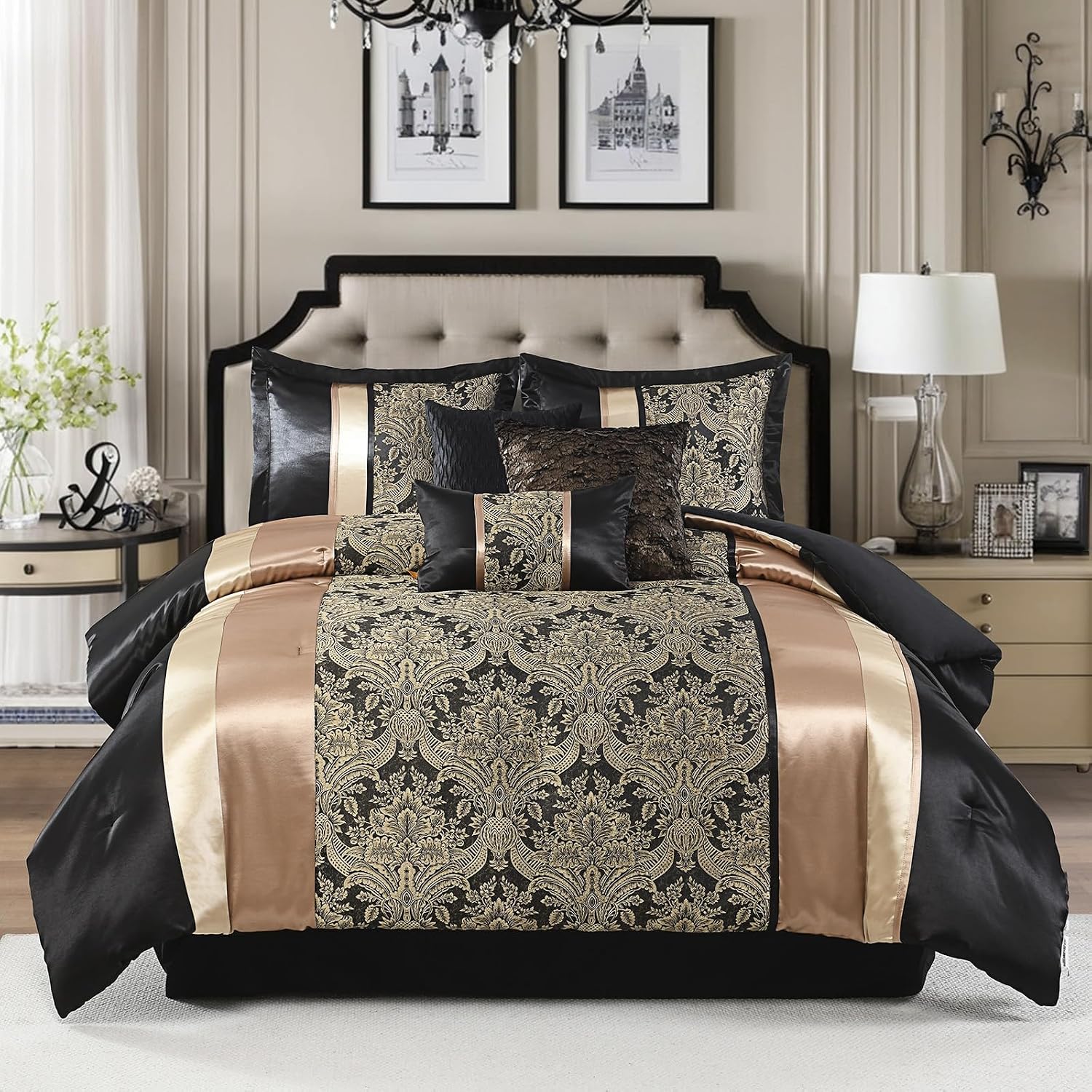 SahSahCasa 7-Piece Luxury King Comforter Set, Bed in a Bag King, Jacquard Silky Fluffy Comforter Bedding Set with Bedskirt, Decorative Pillows, Elegant Reversible, Down-Alternative, Black/Gold