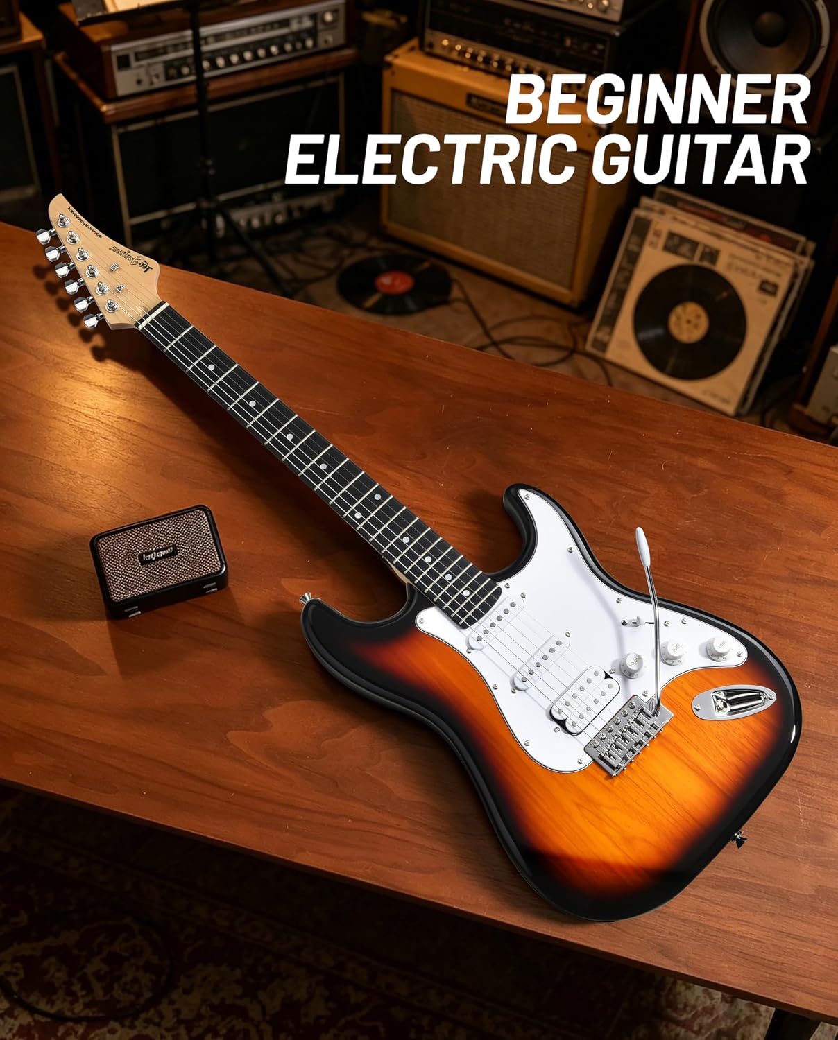 Leo Jaymz Beginner Electric Guitar Complete Kit with Portable Amp, Padded Gig Bag & Full Accessories, Maple Neck HSS Pickups (Sunburst-HSS)