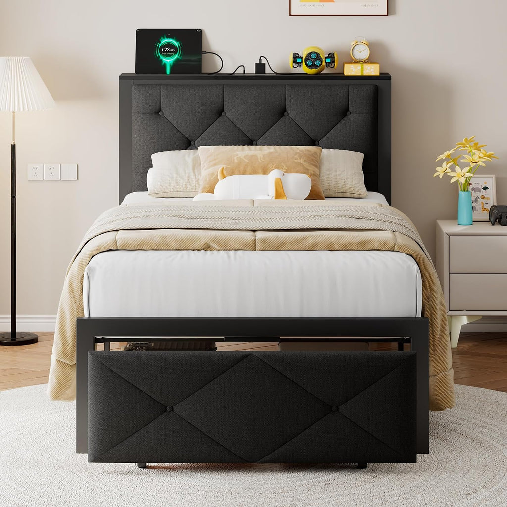 Einhomn Twin Bed Frame with Storage Drawer, Metal Platform Bed with Charging Station, Upholstered Linen Button Tufted Storage Headboard, No Box Spring Needed, Noise-Free, Easy Assembly, Black