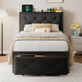 Einhomn Twin Bed Frame with Storage Drawer, Metal Platform Bed with Charging Station, Upholstered Linen Button Tufted Storage Headboard, No Box Spring Needed, Noise-Free, Easy Assembly, Black