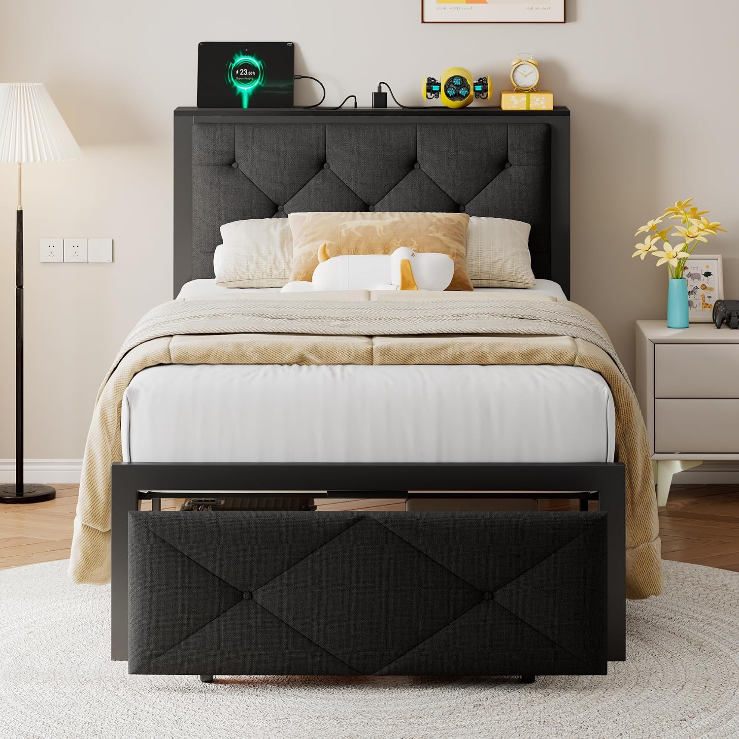 Einhomn Twin Bed Frame with Storage Drawer, Metal Platform Bed with Charging Station, Upholstered Linen Button Tufted Storage Headboard, No Box Spring Needed, Noise-Free, Easy Assembly, Black