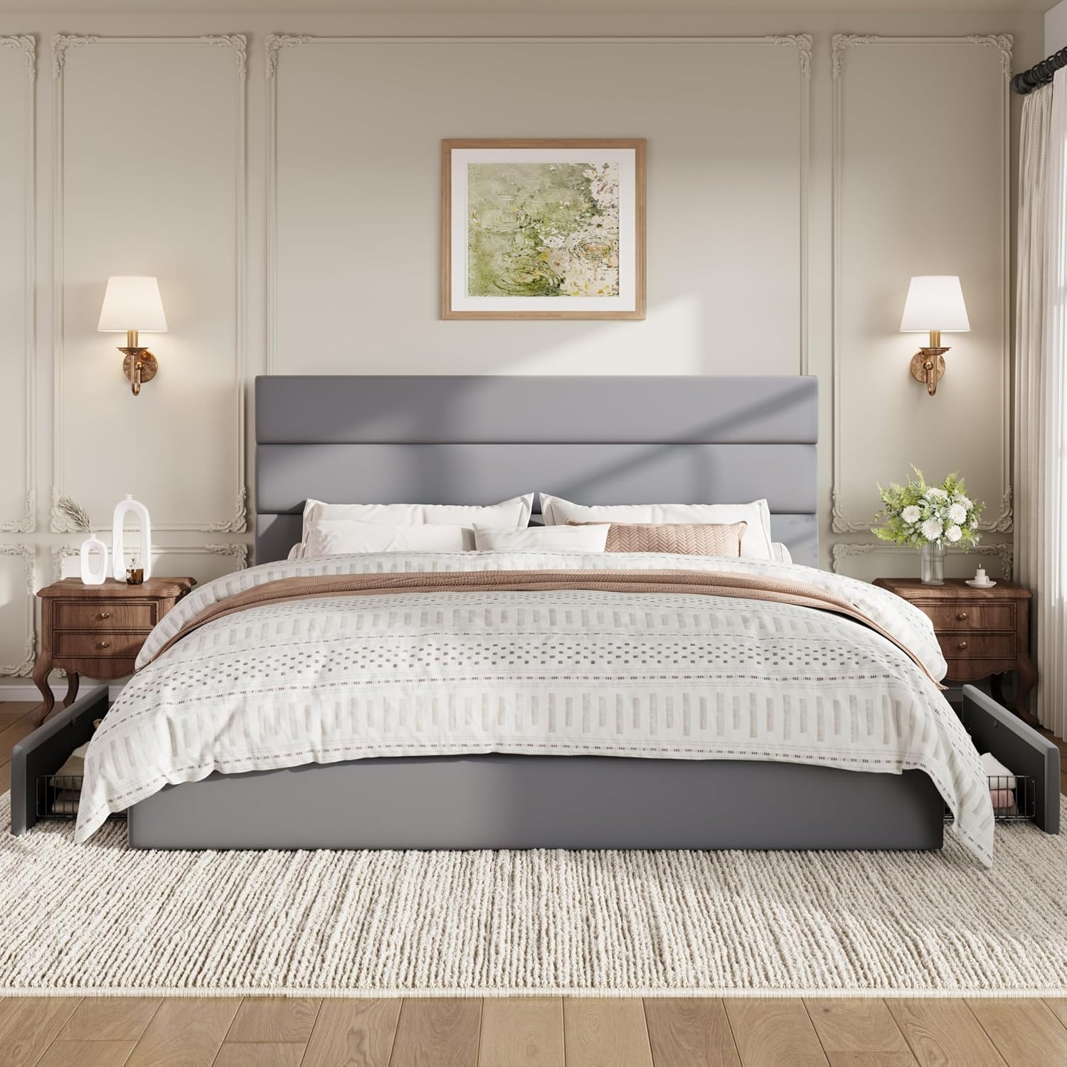 SHA CERLIN King Size Platform Bed Frame with 4 Storage Drawers, Velvet Upholstered Headboard, Mattress Foundation with Wooden Slats Support, No Box Spring Needed, Easy Assembly, Grey