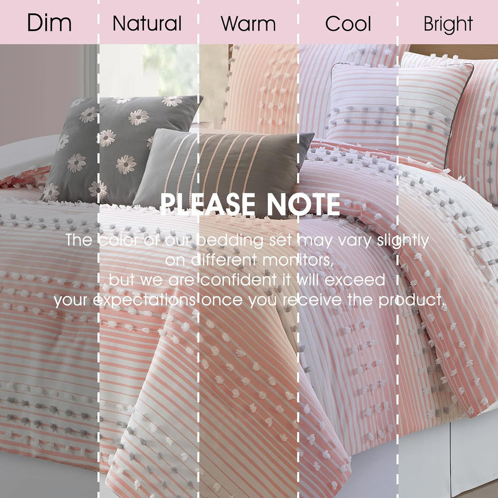 LANCO MODERN LIFESTYLE California King Comforter Set, Pink, Jaquard Clip Striped Design, Elegant Soft 7 Pieces Bedding Set for All Seasons, Matching Bedskirt, Pillow Shams and Decor Pillows