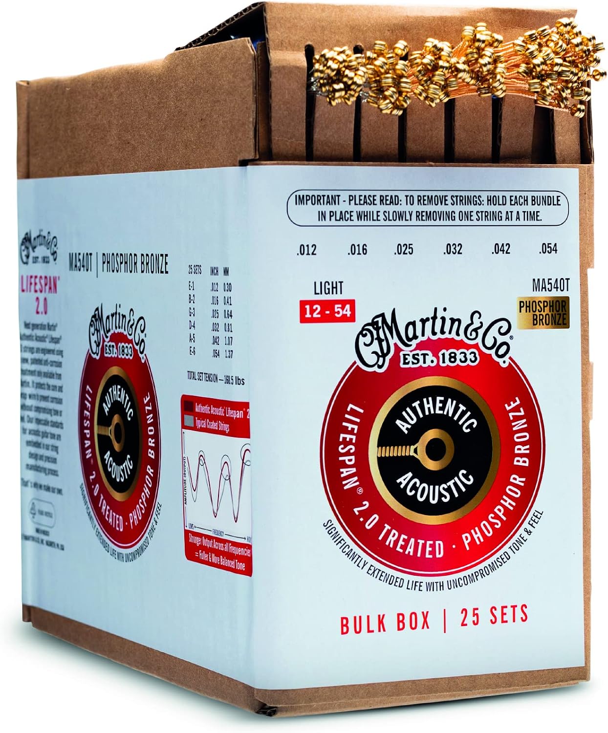 Martin Authentic Acoustic® Lifespan® 2.0 Guitar Strings – Phosphor Bronze, Light Gauge, Bulk Box (25 Sets) | Bulk Box for Acoustic Guitar Players, Techs & Repair Shops