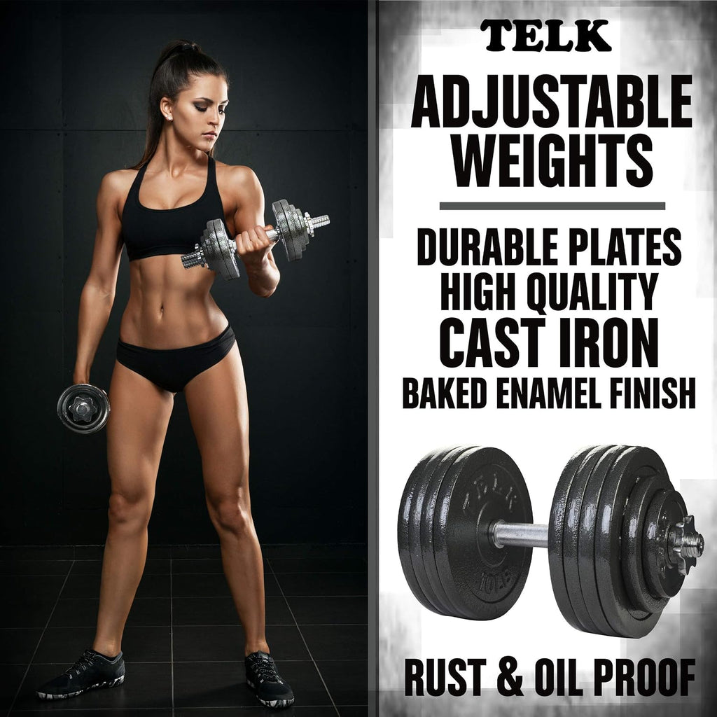TELK – Adjustable Dumbbell Set – Home Gym Weight Set with Baked Enamel Cast Iron Plates – Space-Saving Free Weights for Strength Training