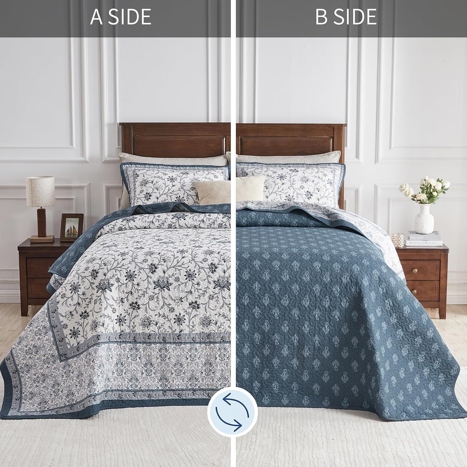 Oversized Queen Bedspreads 120'x102' - 100% Cotton Super King Quilt, Farmhouse Blue Floral Pattern, Extra Large Quilted Coverlet, Lightweight Reversible XL Bedding Set, 3 Pcs