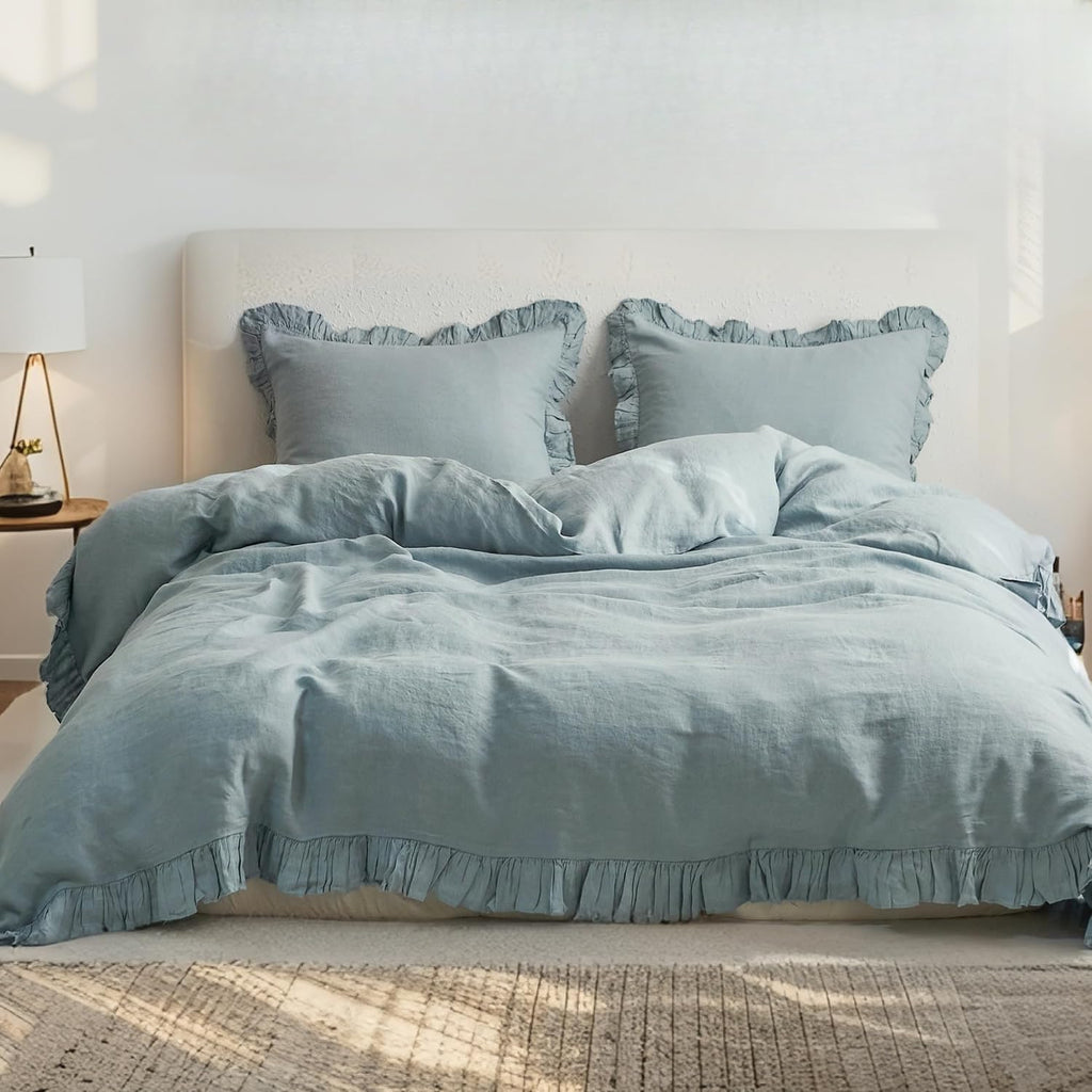 Simple&Opulence 100% Linen Duvet Cover Set, 3 PCS Natural French Flax Dusty Blue Ruffle Duvet Cover Queen Size, Breathable Comfy Linen Bedding Comforter Cover with 2 Pillowcases(Dusty Blue, 88' X 92')