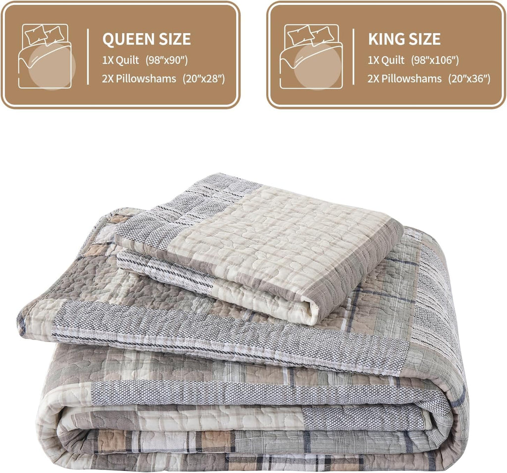 KALOOLA 100% Cotton Quilt Set King Size, Farmhouse Plaid Quilted Bedspread with 2 Pillow Shams, 3 Pieces Rustic Reversible Lightweight Bedding Coverlet for All Season, Brown/Beige/White