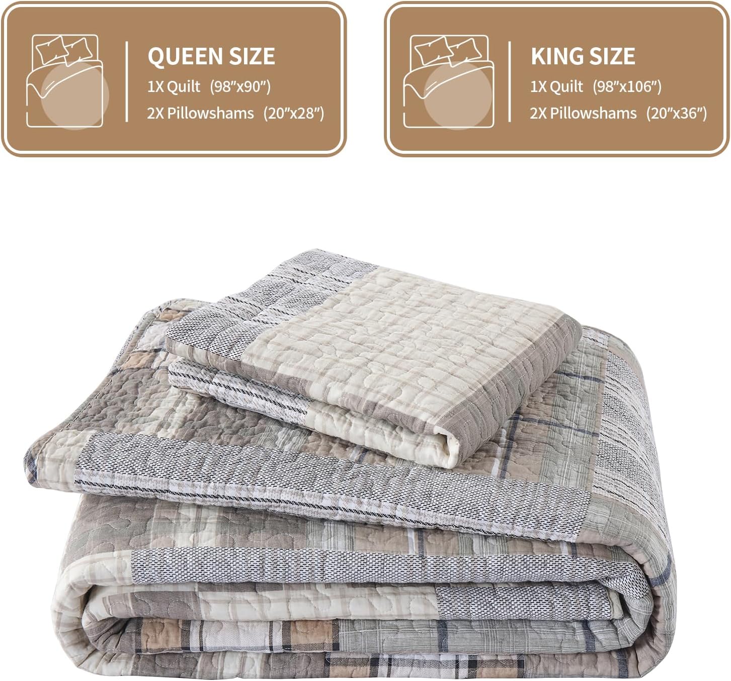 KALOOLA 100% Cotton Quilt Set King Size, Farmhouse Plaid Quilted Bedspread with 2 Pillow Shams, 3 Pieces Rustic Reversible Lightweight Bedding Coverlet for All Season, Brown/Beige/White