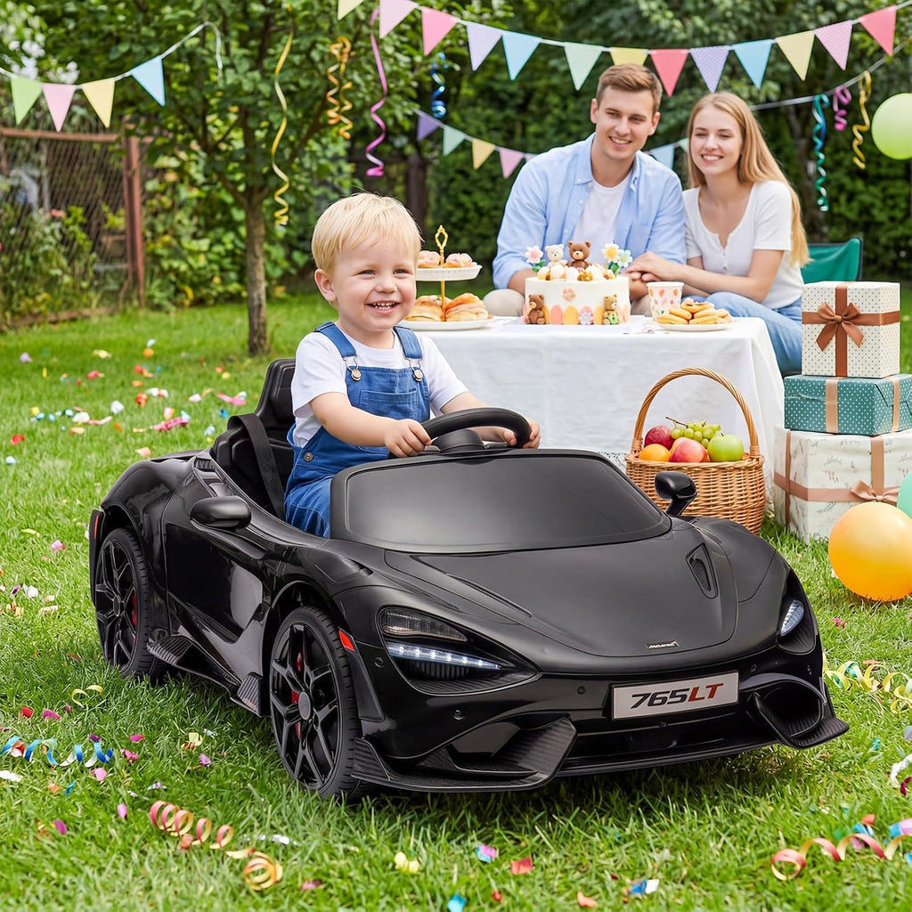 Kids Ride-on Car Licensed McLaren765LT for 3-6Years Old, Electric car 12V Battery Powered Electric Vehicle, w/Parent Remote, Music Player, LED Lights, Smooth Start, 3 Speeds, (Black)