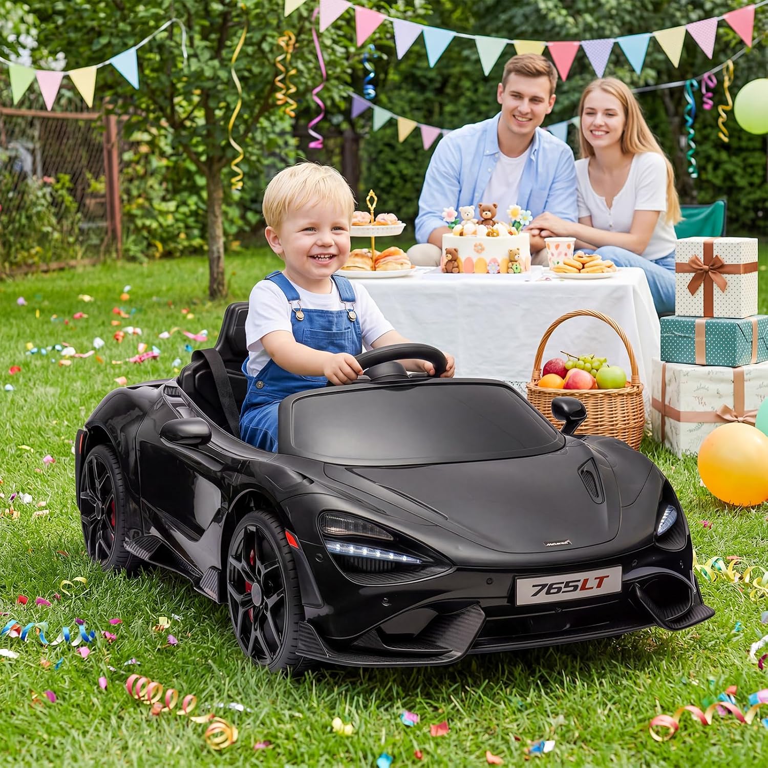 Kids Ride-on Car Licensed McLaren765LT for 3-6Years Old, Electric car 12V Battery Powered Electric Vehicle, w/Parent Remote, Music Player, LED Lights, Smooth Start, 3 Speeds, (Black)