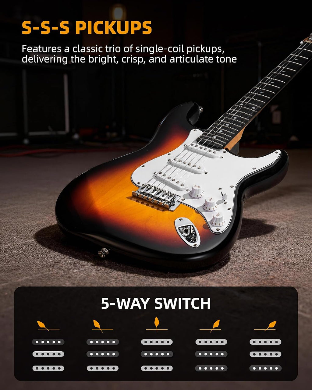 LEKATO Beginner Electric Guitar Kit 39 Inch Full Size Solid Body Guitar SSS for Starter Roasted Maple Neck Stainless Steel Frets, 5w Plug-in Amp, Bag, Tuner, Capo, Strap, Picks, String, Cable-Sunburst