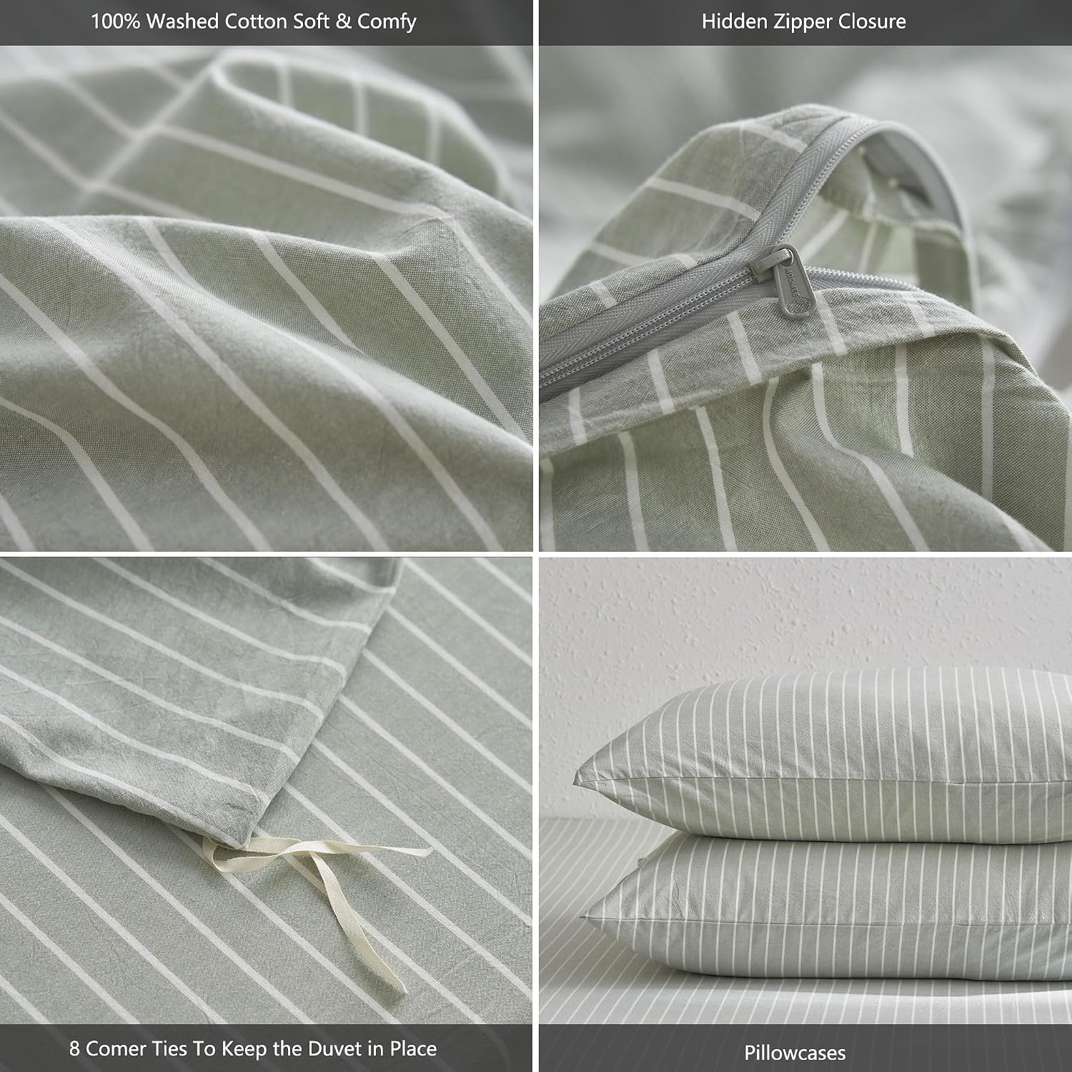 MooMee Striped Duvet Cover Set 100% Washed Cotton Linen Like Textured Breathable Durable Soft Comfy (Sage Green White Wide Stripes, Palatial King/Oversized King 120'x98')