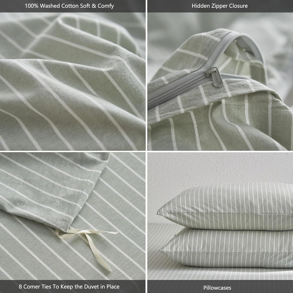 MooMee Striped Duvet Cover Set 100% Washed Cotton Linen Like Textured Breathable Durable Soft Comfy (Sage Green White Wide Stripes, Super King Plus 120'x120')