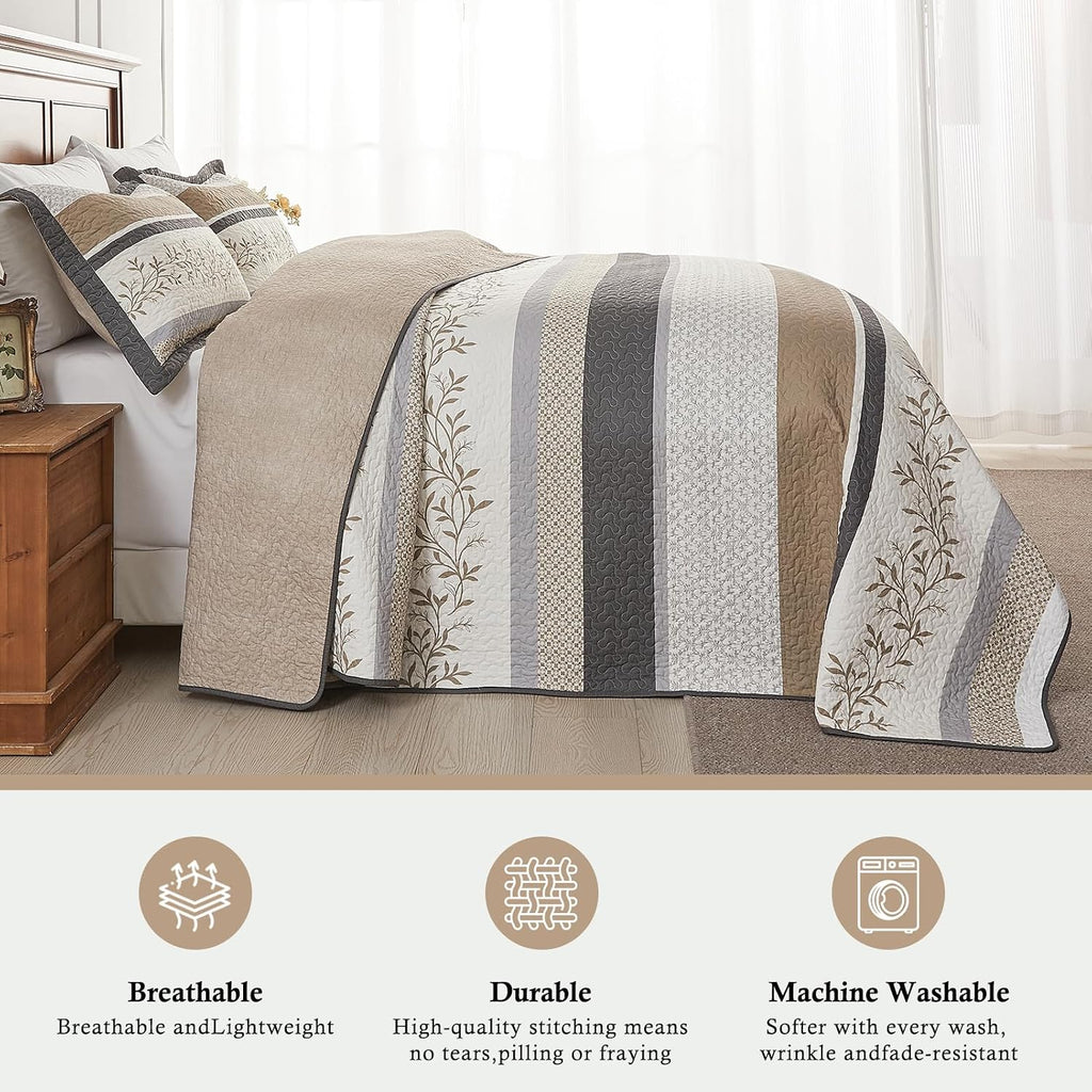Farmhouse Oversized King Bedspread 128'x120' - 100% Cotton Lightweight California King Quilt Set, Reversible Botanical Striped Pattern Extra Wide Quilted Bedding Coverlet, 3 Pcs, Khaki/Gray
