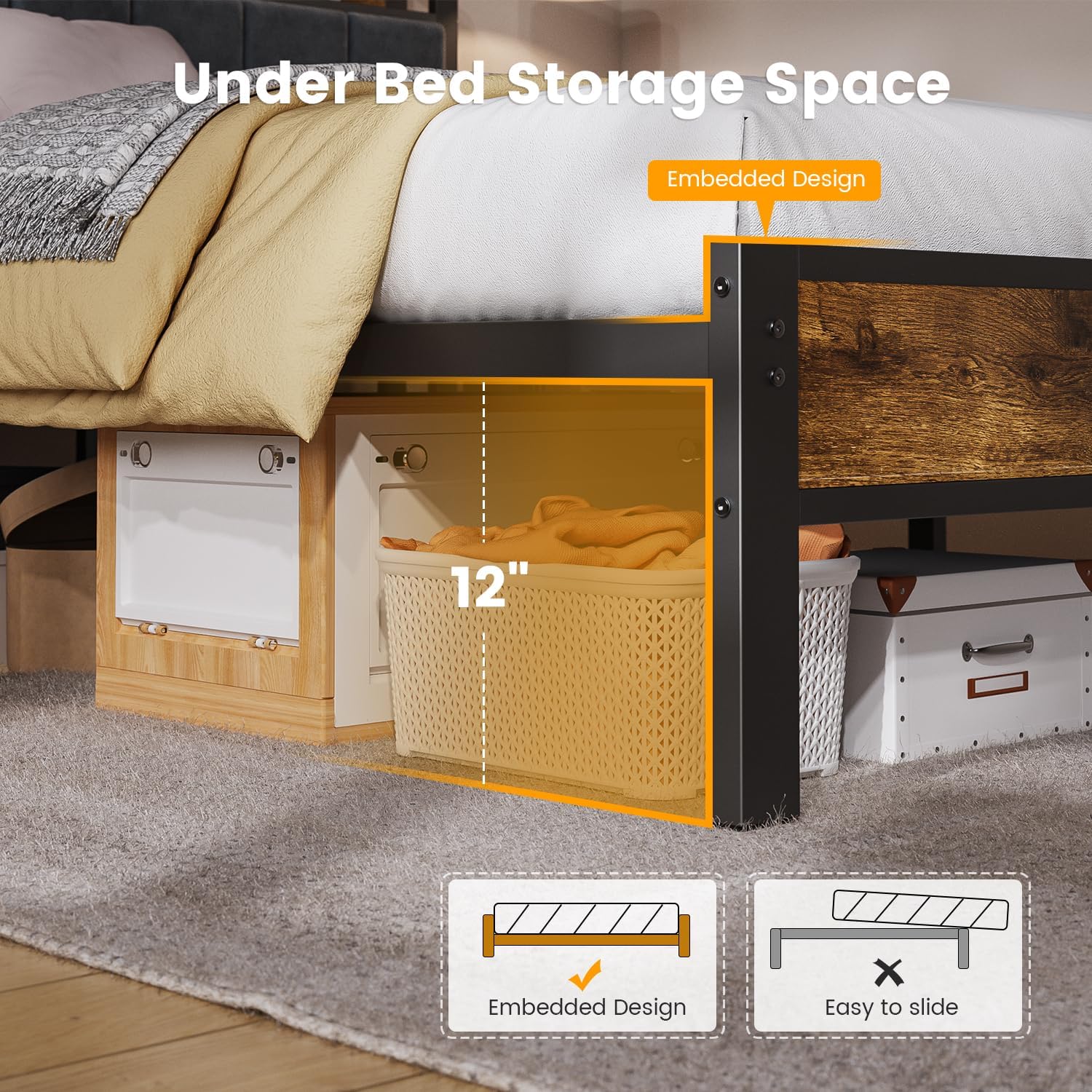 ALBERTO Queen Size Bed Frame with LED Lights, Upholstered Headboard with Storage and Charging Station, Metal Platform with Slats, No Box Spring Needed, Easy Assembly