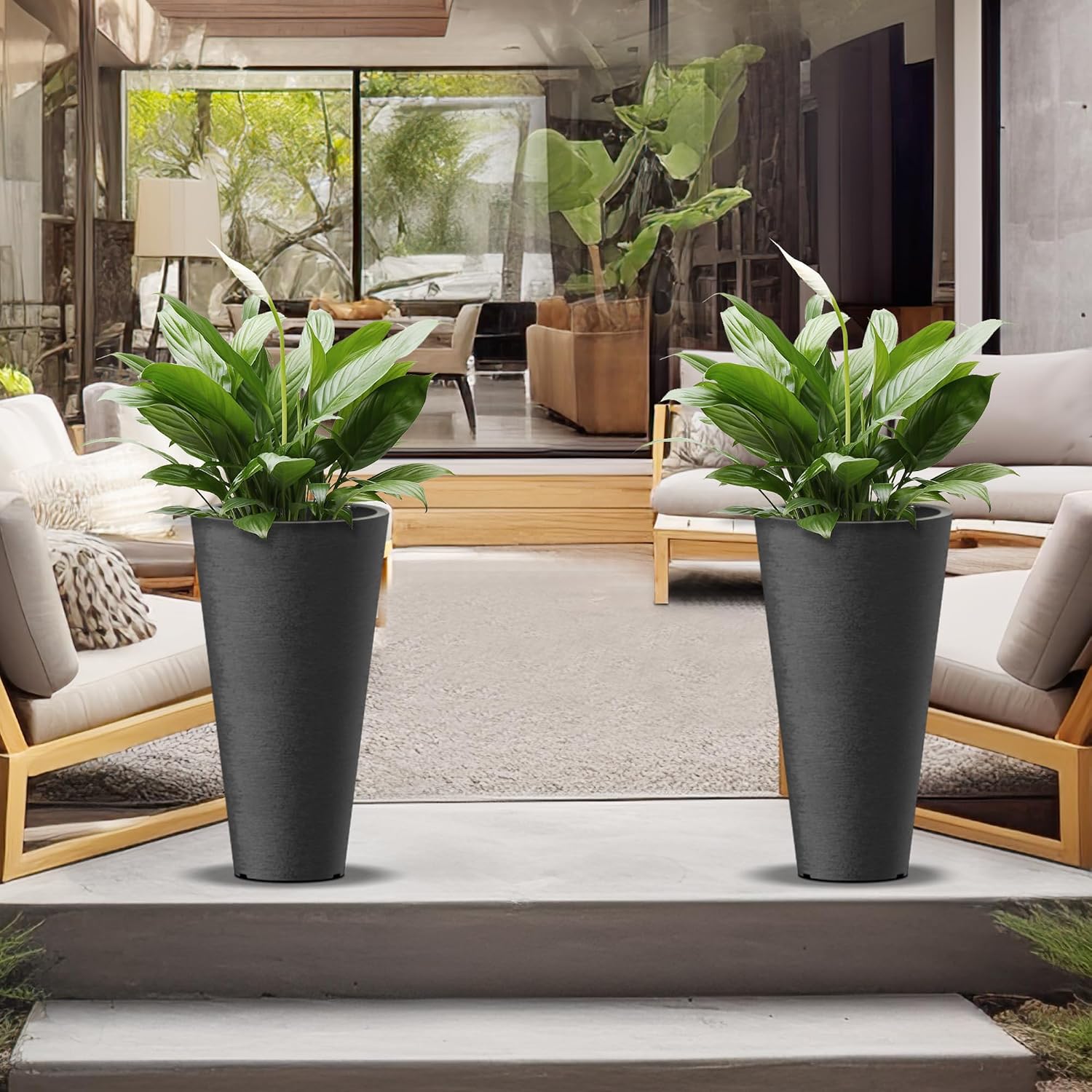 Kante Tall Round Planter Set of 2, 23' H Large Decorative Planter Pots for Outdoor Indoor Garden Patio Front Porch (Black)