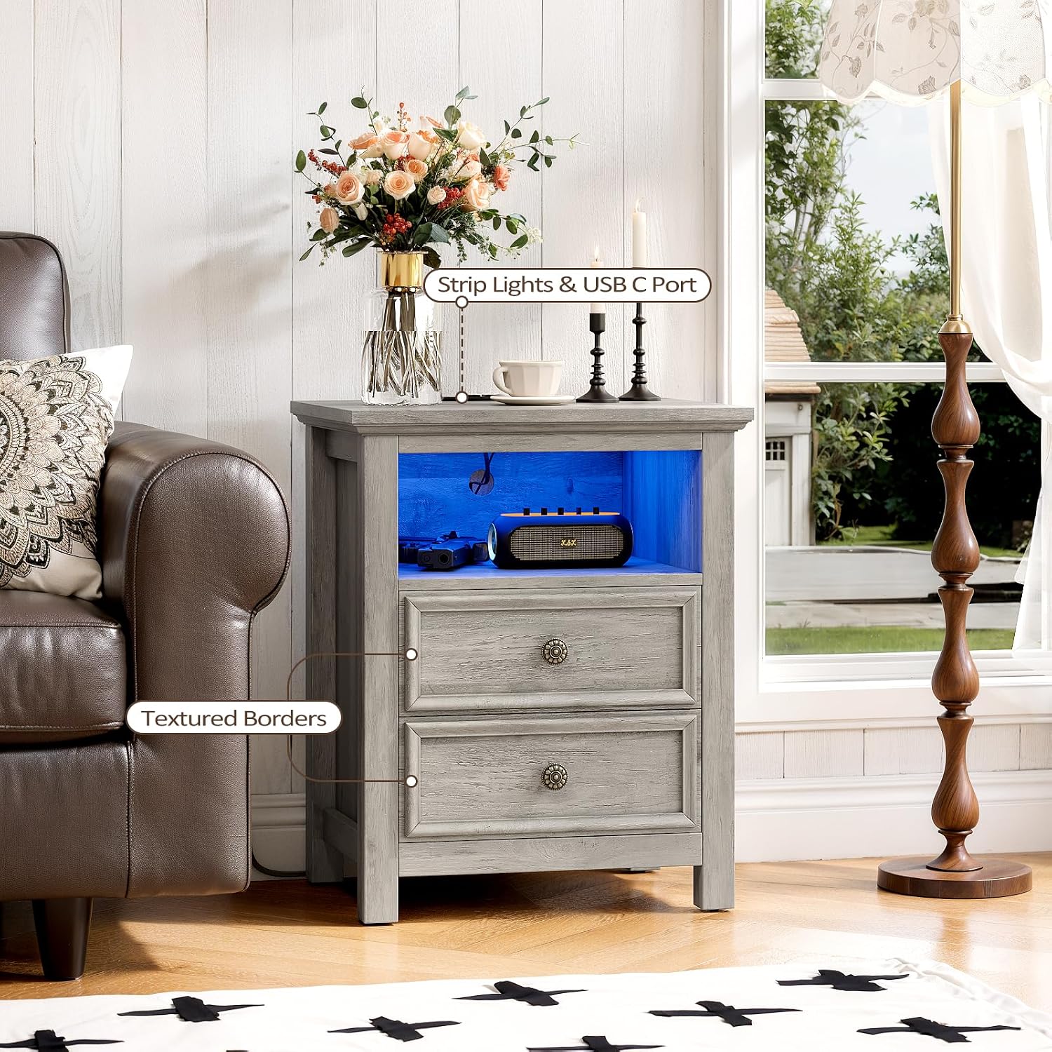Set of 2 Nightstand with Charger Station Strip Lights,20' W Night Stand with Drawers for Bedroom, Large Accent Bed Side Table and End Table with Open Compartment-Easy Pull Handle, Textured Border,Gray