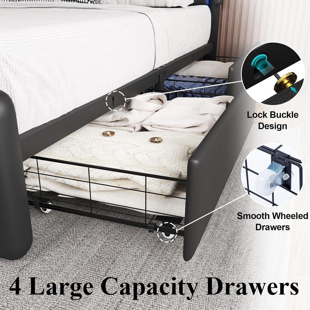 Queen Size Bed Frame with 4 Storage Drawers and LED Lights, Upholstered Platform Bed with Adjustable Chic Double Wavy Headboard, Charging Station, Metal Slats Support, No Box Spring Needed, Black
