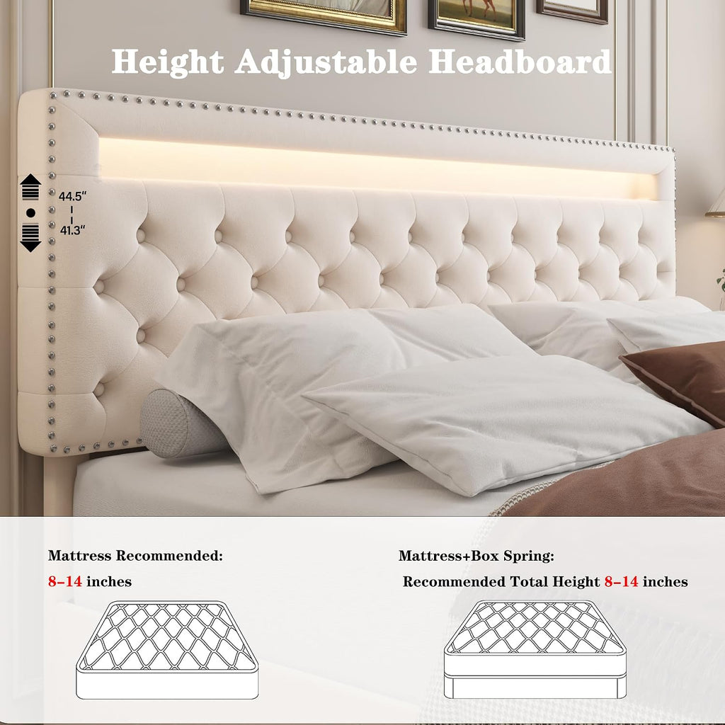 Full LED Bed Frame with 4 Drawers, Platform Bed with Headboard, Adjustable Upholstered Diamond Headboard and Frame, No Box Spring Needed, Wooden Slats Support,Velvet Cream