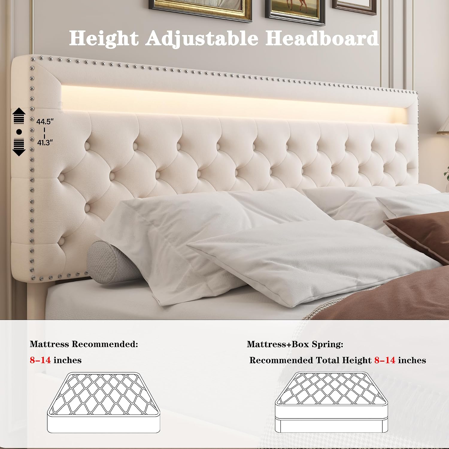 Full LED Bed Frame with 4 Drawers, Platform Bed with Headboard, Adjustable Upholstered Diamond Headboard and Frame, No Box Spring Needed, Wooden Slats Support,Velvet Cream