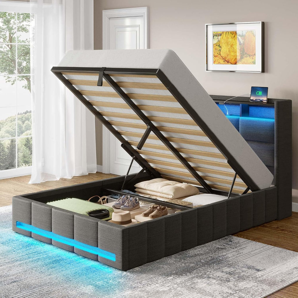 Rolanstar Bed Frame Twin Size with Lift Up Storage, Charging Station & LED Lights, Upholstered Storage Headboard, Heavy Duty Wooden Slats, No Box Spring Needed, Noise Free, Easy Assembly, Dark Grey