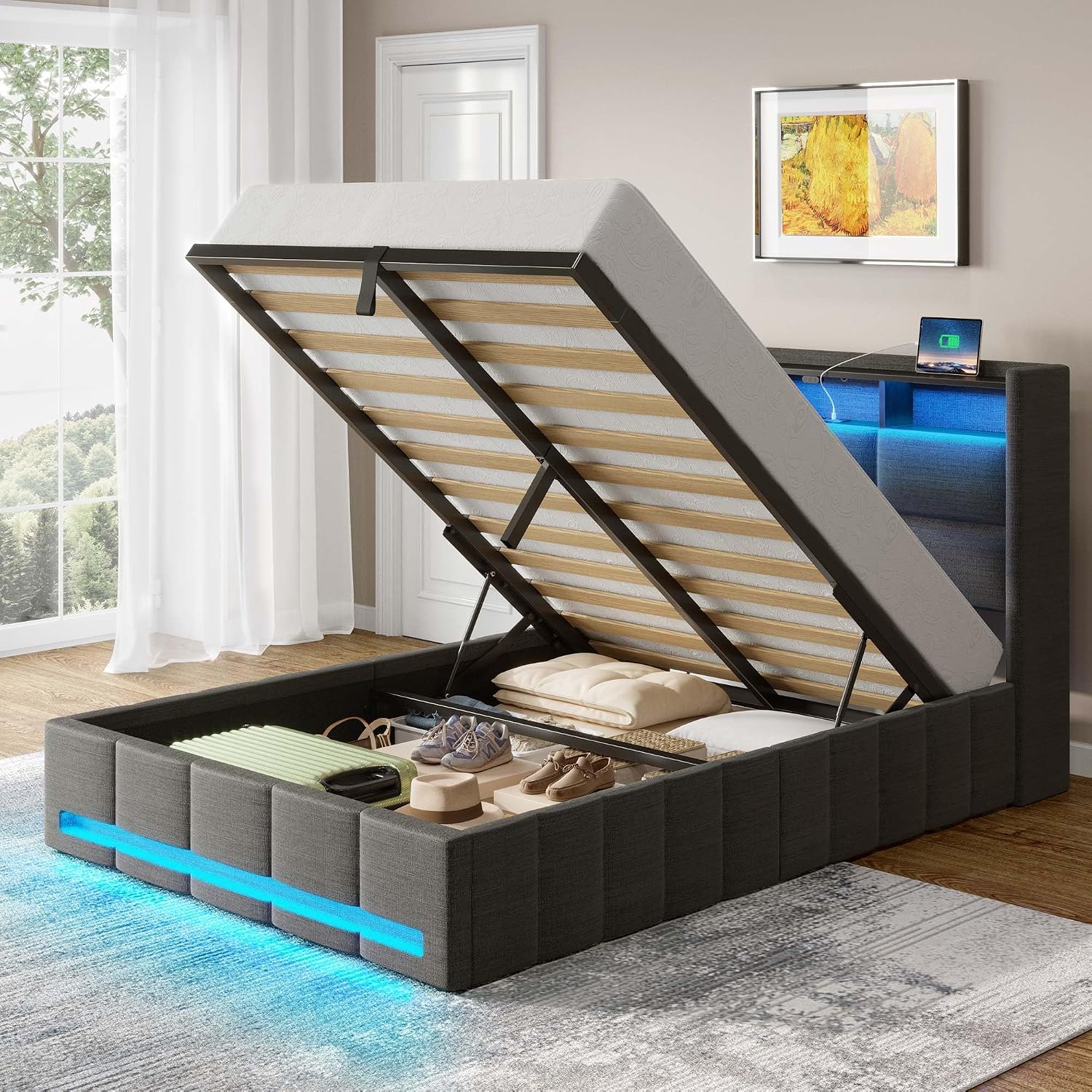 Rolanstar Bed Frame Twin Size with Lift Up Storage, Charging Station & LED Lights, Upholstered Storage Headboard, Heavy Duty Wooden Slats, No Box Spring Needed, Noise Free, Easy Assembly, Dark Grey