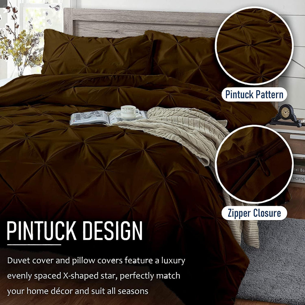 Crown Collection Luxuriate Hotel 1000-TC Hypoallergenic Ultra Soft Design 100% Egyptian Cotton Pinch Plated Duvet Cover with Zipper Colser & 2pcs Pillow Case Set (Oversize 98x120, Brown)
