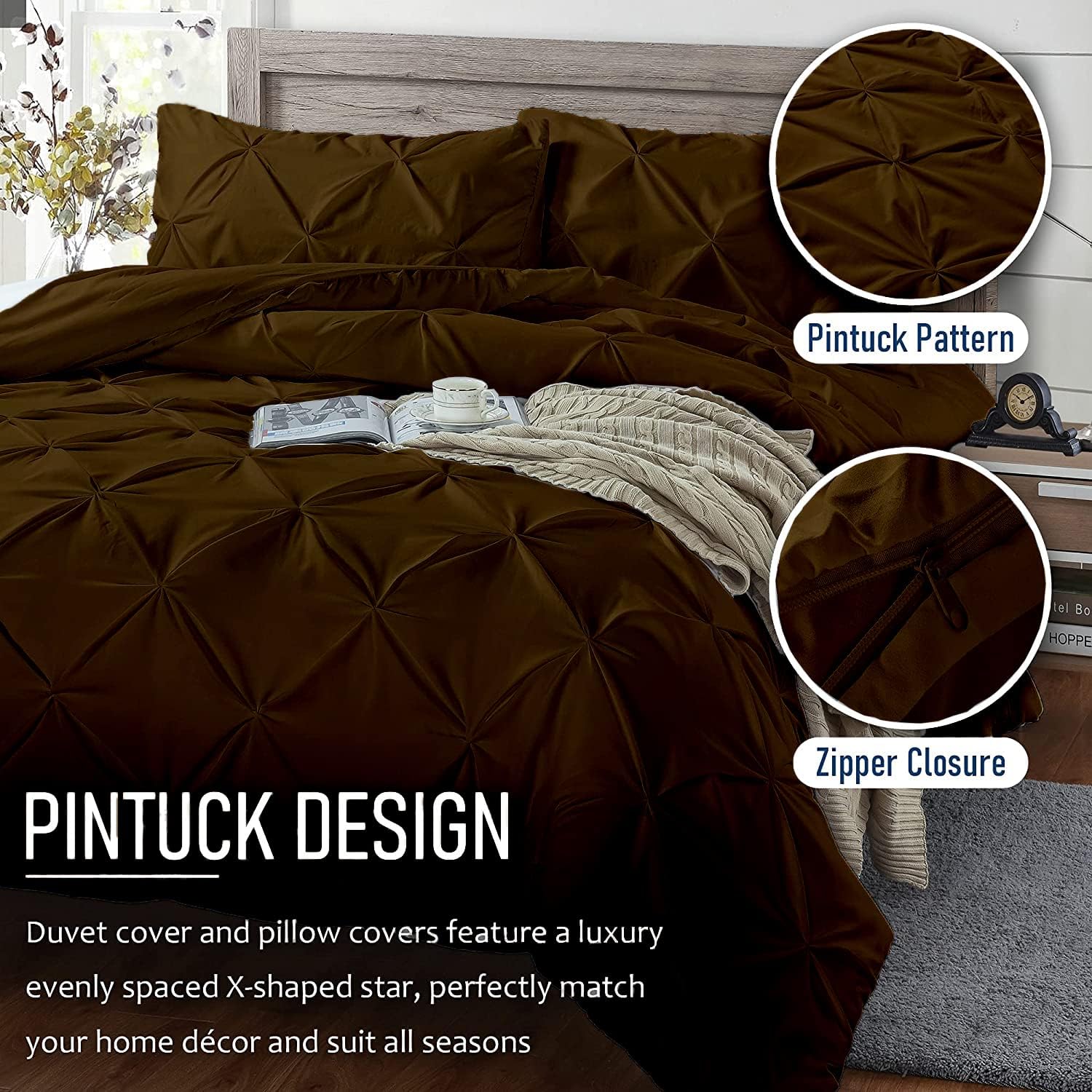 Crown Collection Luxuriate Hotel 1000-TC Hypoallergenic Ultra Soft Design 100% Egyptian Cotton Pinch Plated Duvet Cover with Zipper Colser & 2pcs Pillow Case Set (Oversize 98x120, Brown)