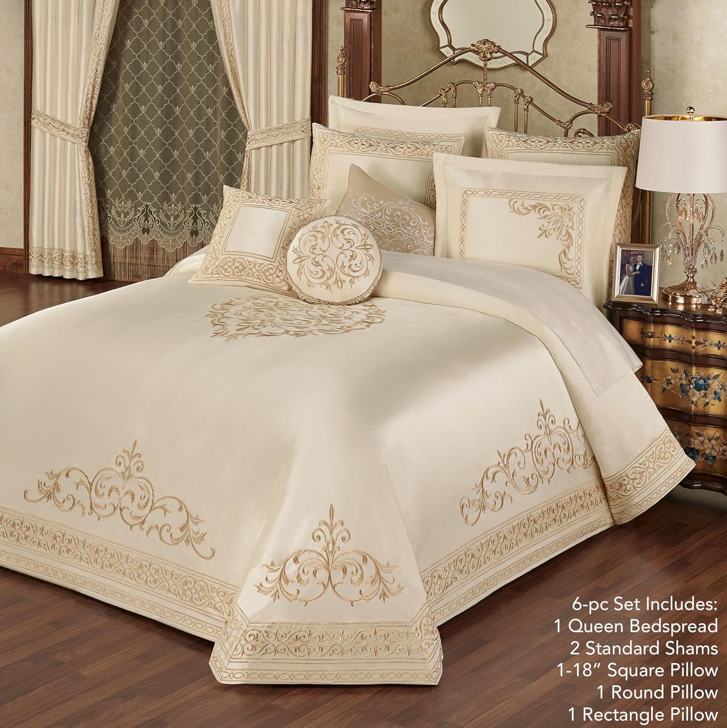 Touch of Class Versailles Luxury Bedding | Classic Pearl | Palace-Inspired French Style Golden Scrollwork Embroidery on Sateen 6 Piece Set: Queen Bedspread, 2 Standard Shams & 3 Decorative Pillows