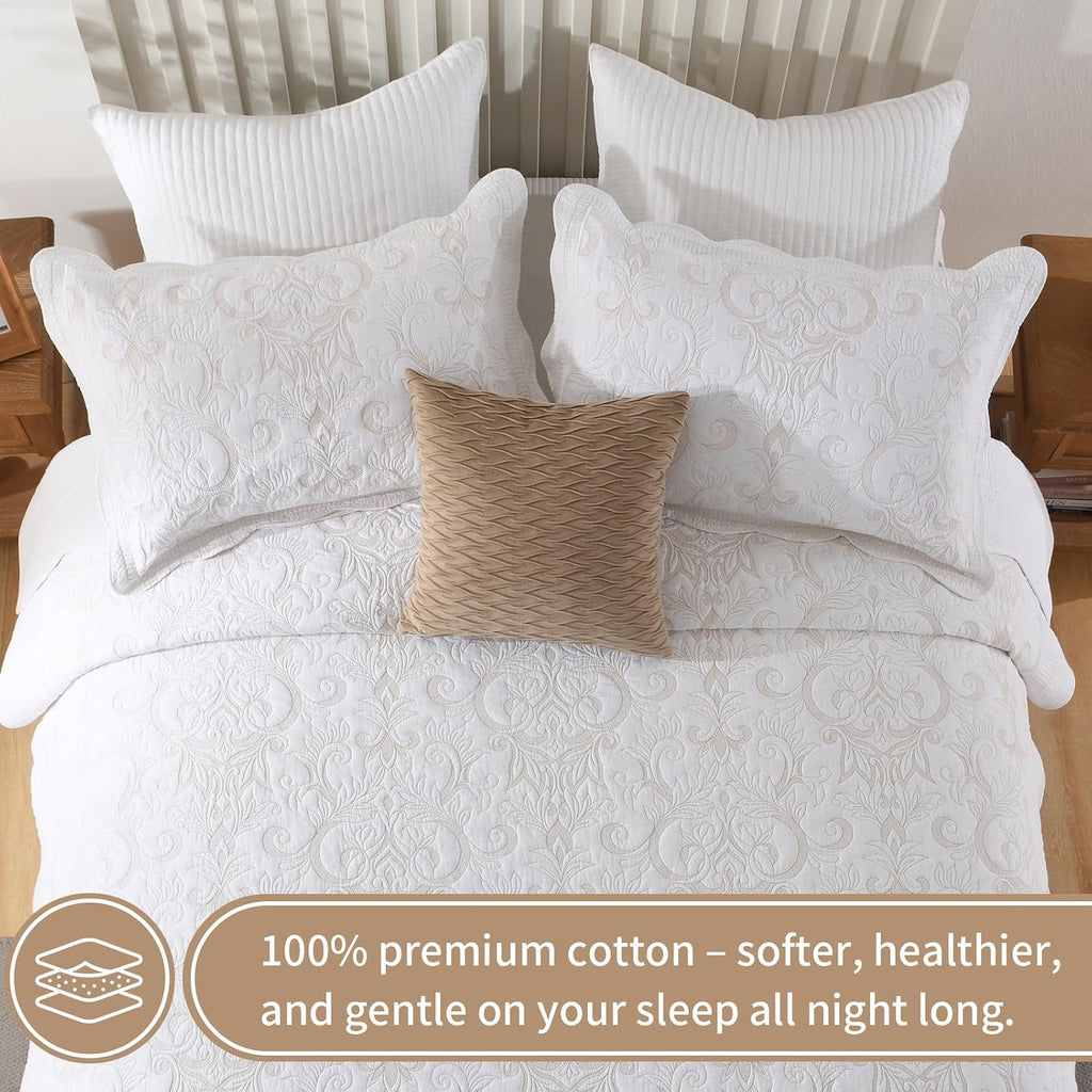 KALOOLA Embroidered Quilts Queen Size - 100% Cotton Lightweight Quilted Bedding Set 3 Pcs, Vintage Damask Pattern Bedspread with 2 Pillow Shams, Reversible Bed Coverlet for All Season, White/Beige