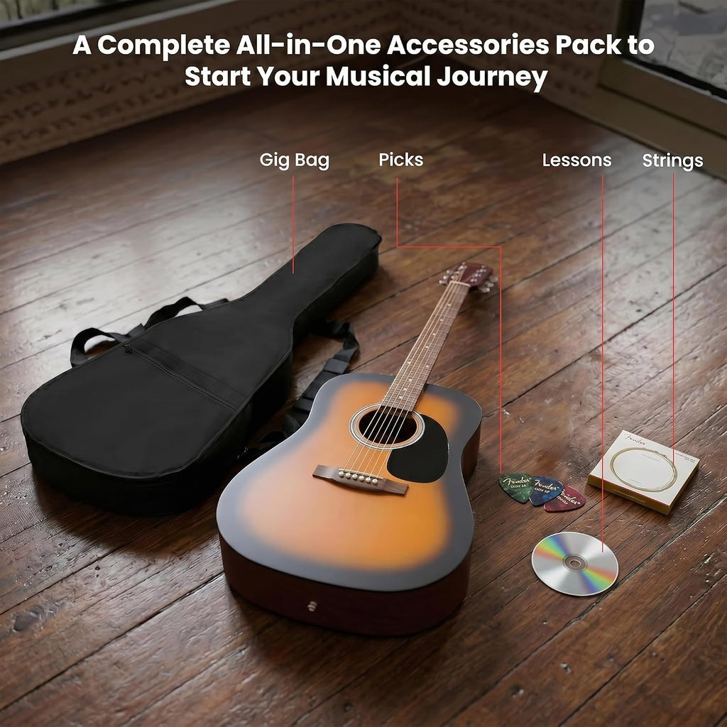 Fender FA Series Dreadnought Acoustic Guitar - 2-Color Sunburst Bundle with Gig Bag, Strings, Picks, and Austin Bazaar Instructional DVD