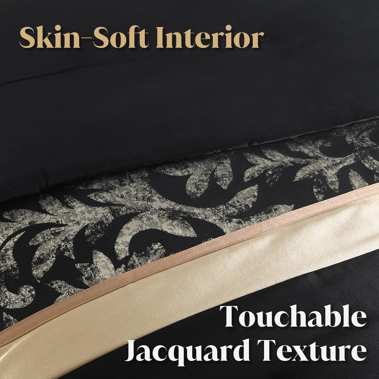 CozyDH Black Gold Comforter Set King Size - 7 Piece Luxury Jacquard Silky Bed in a Bag, Vintage Floral Striped Damask, All-Season Down Alternative Bedding with Bed Skirt, Shams, Decorative Pillow