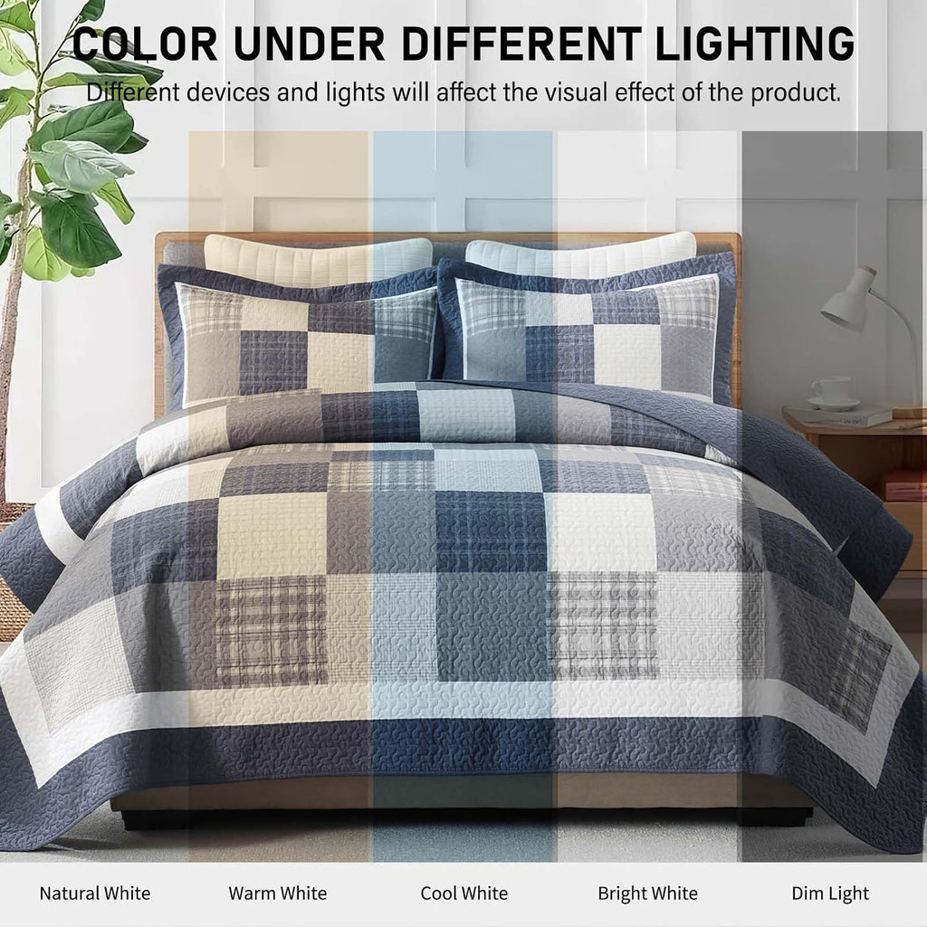 KALOOLA Farmhouse Quilt King Size - 100% Cotton Lightweight Quilted Bedding Set 3 Pcs, Cottage Printed Plaid Bedspread with 2 Pillow Shams, Reversible Bed Coverlet for All Season, Blue/Beige/White