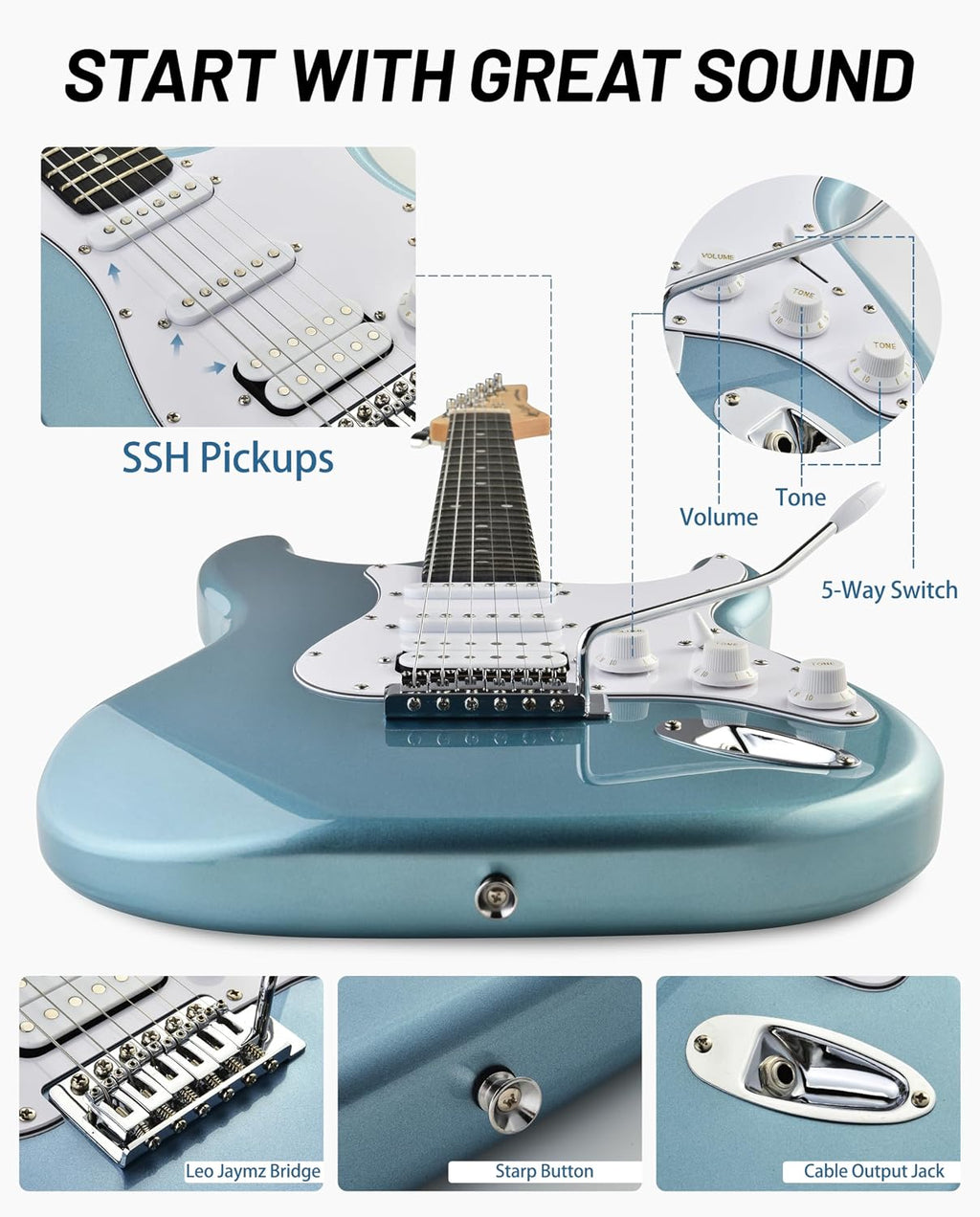 Leo Jaymz Beginner Electric Guitar 39' Kit with Portable Amplifier, Padded Gig Bag, Digital Tuner，Capo，Strap，Picks，HSS Pickups (Cyan-HSS)