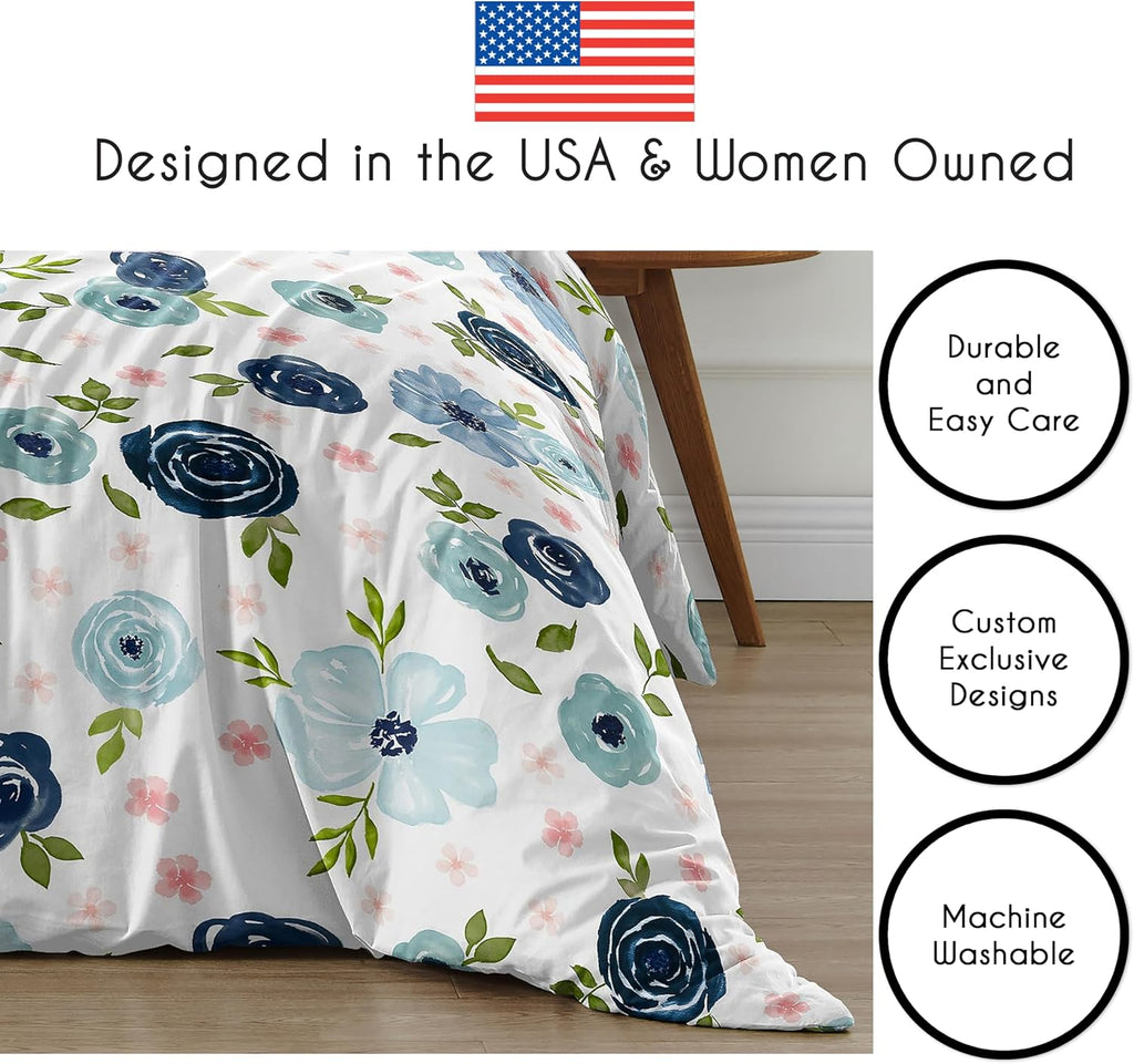 Sweet Jojo Designs Navy Blue and Pink Watercolor Floral Girl Full/Queen Size Kid Childrens Bedding Comforter Set - 3 Pieces - Blush, Green and White Shabby Chic Rose Flower