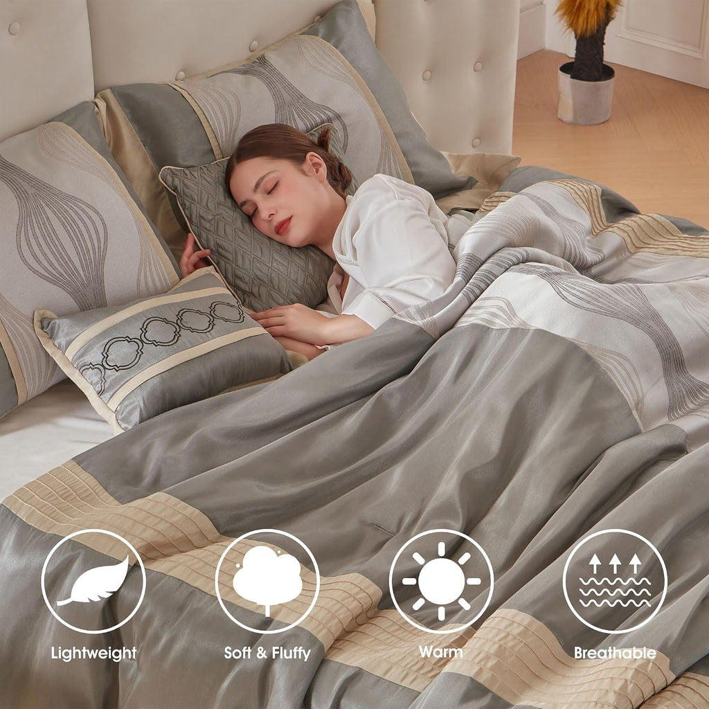 LANCO MODERN LIFESTYLE King Comforter Set, Grey Gold, 7 Pieces in a Bag, Ultra Soft Jacquard with Solid Piecework, Luxury Bed Set with Comforters, Bed Skirt, Pillow Shams and Decorative Pillows