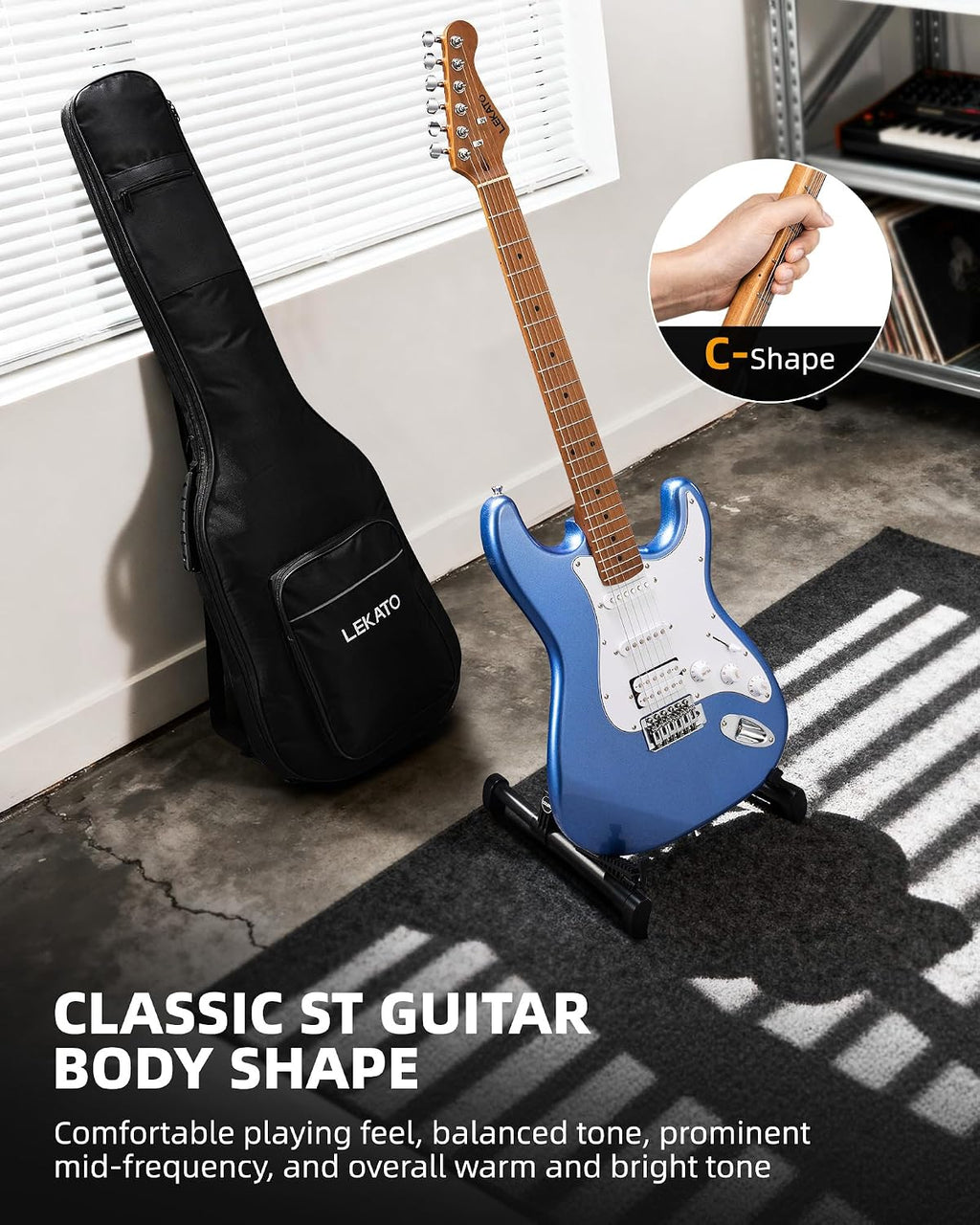 LEKATO Electric Guitar Kit Beginner 39 Inch Full Size Solid Body Guitar HSS for Starter Roasted Maple Neck Fretboard Stainless Steel Frets, 5W Mini Amp, Bag, Tuner, Capo, Strap, String, Picks- Blue