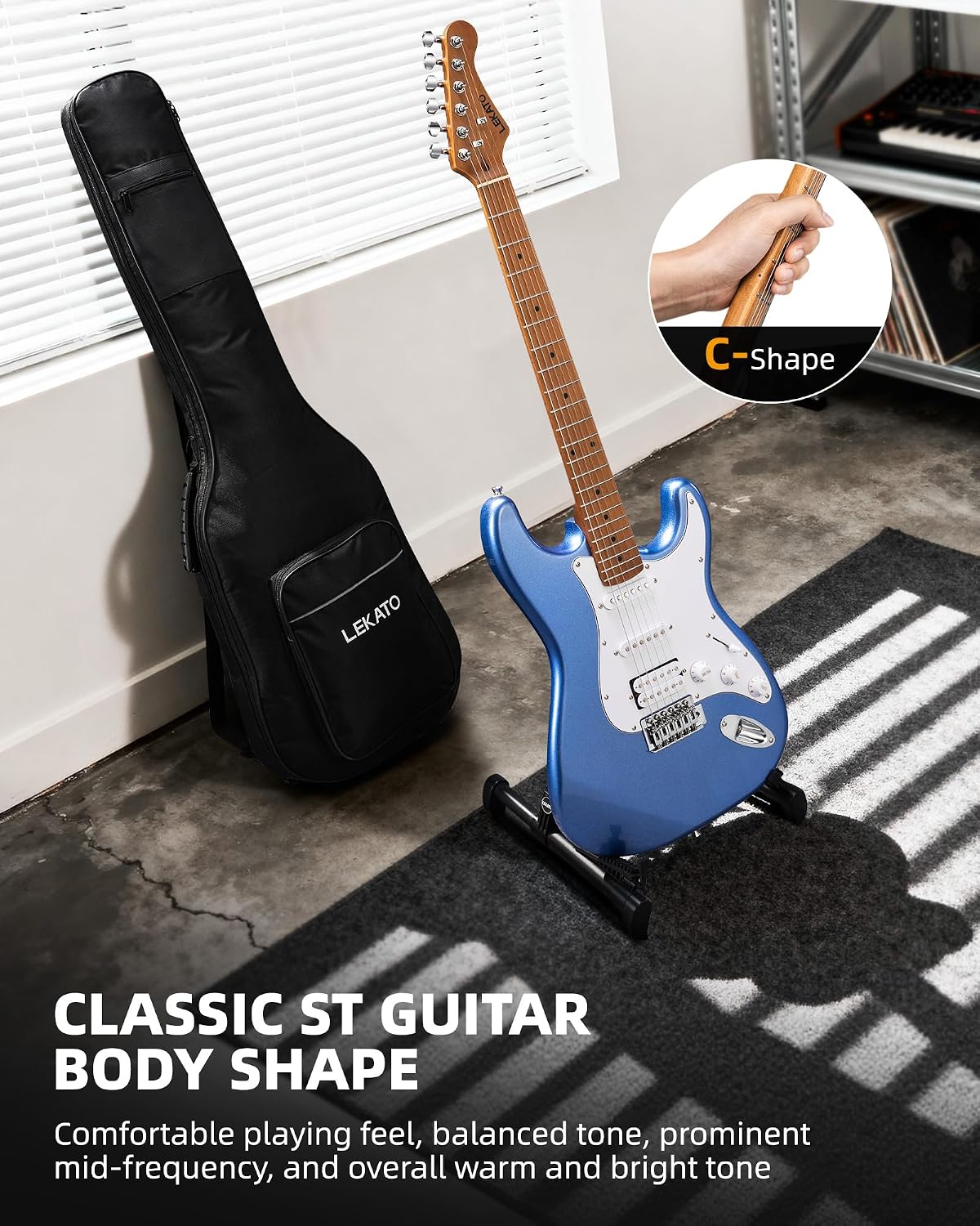 LEKATO Electric Guitar Kit Beginner 39 Inch Full Size Solid Body Guitar HSS for Starter Roasted Maple Neck Fretboard Stainless Steel Frets, 5W Mini Amp, Bag, Tuner, Capo, Strap, String, Picks- Blue