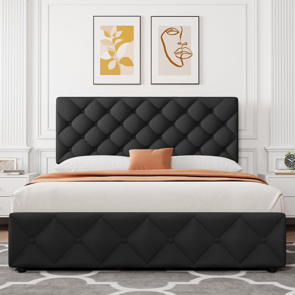 Full Size Bed Frame with 4 Storage Drawers, Linen Upholstered Platform Bed Frame with Headboard and Footboard, Wooden Slats Support, Diamond Stitched Button Tufted, No Box Spring Needed, Black