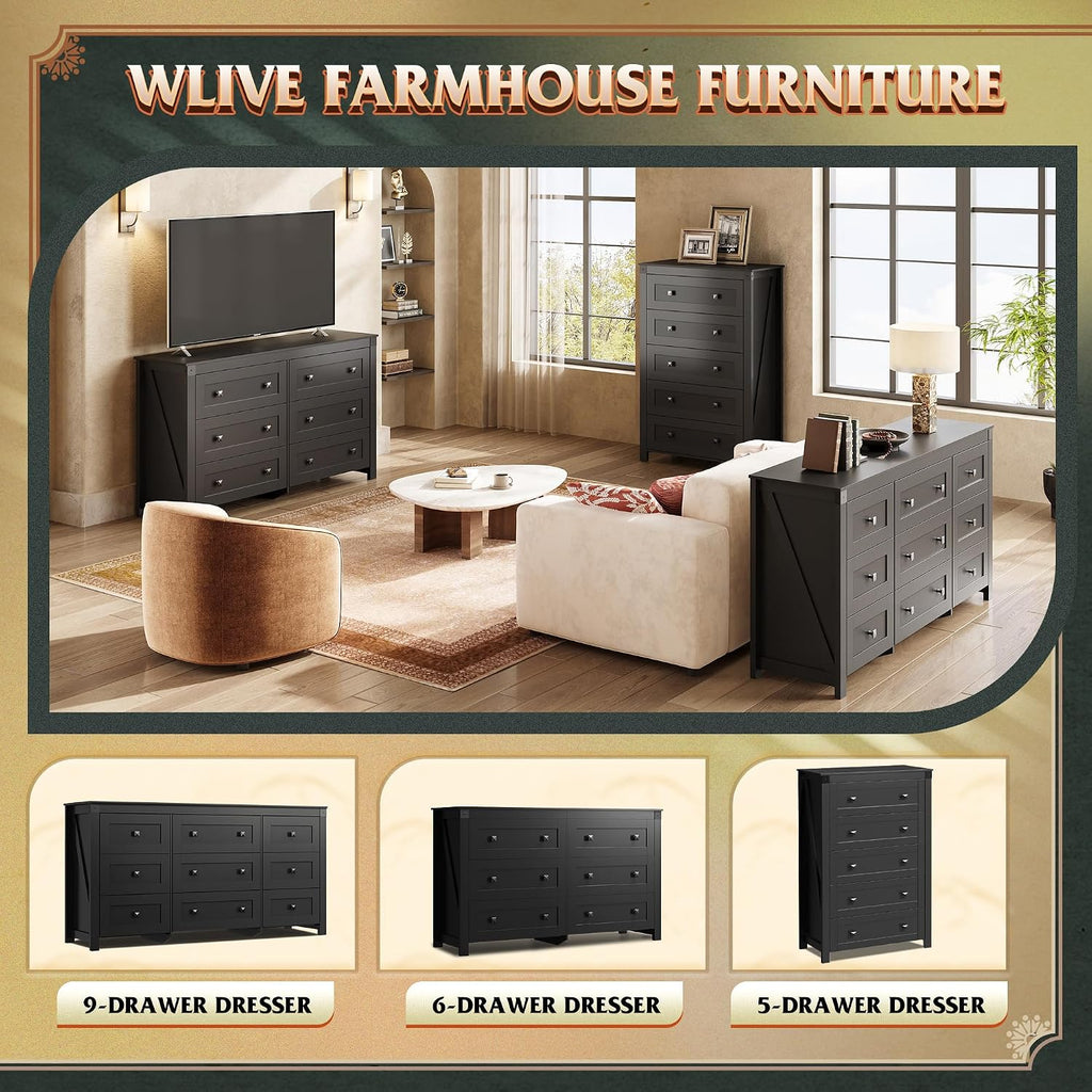WLIVE Farmhouse Black Dresser for Bedroom, 5 Drawer Dresser Storage Organizer, Tall Wood Dressers with Double Rustic Handle, Chest of Drawers for Living Room, Hallway, Closet
