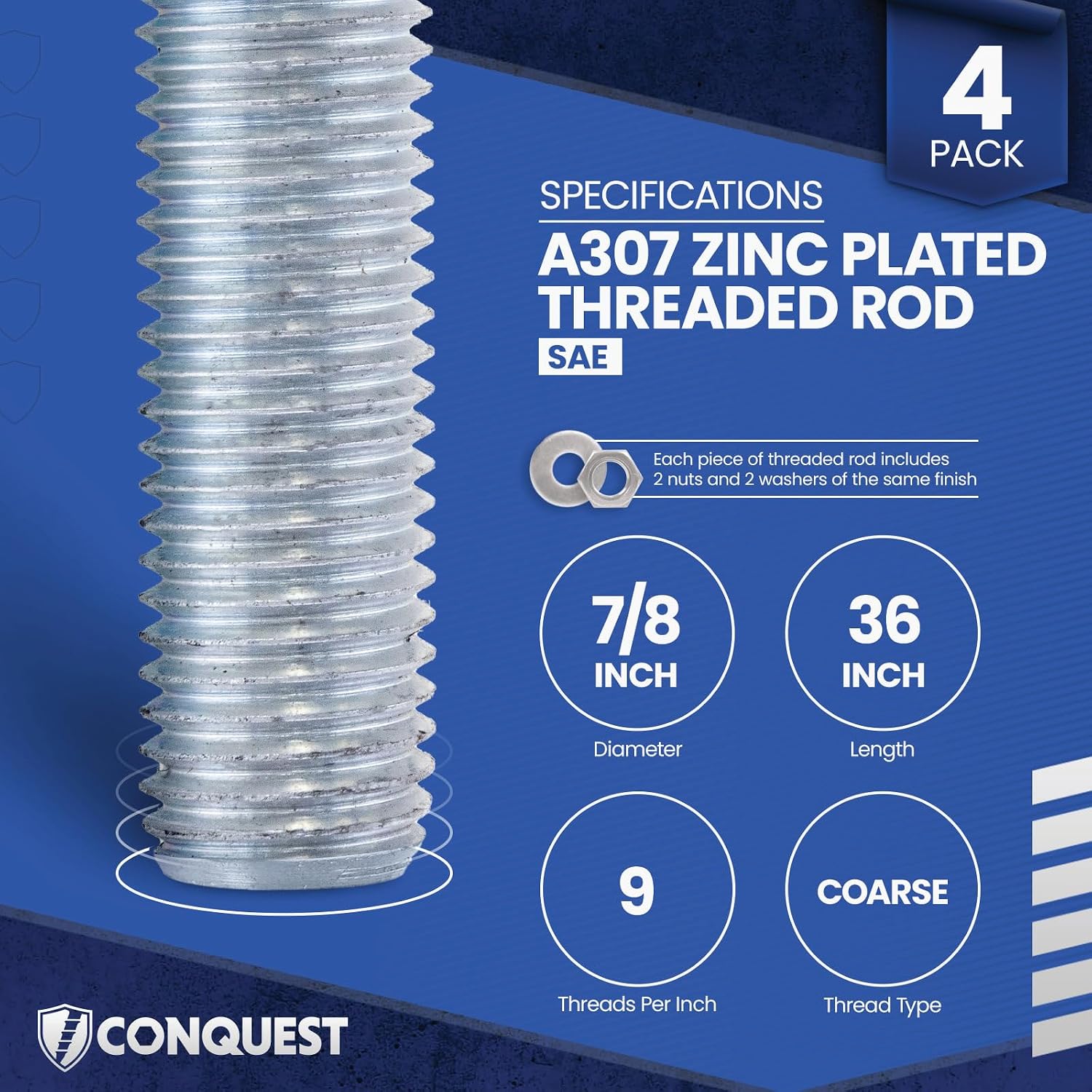 Conquest A307 Zinc Plated Threaded Rod 7/8'-9 x 36 Inches (4-Pack) - Coarse Threaded All-Thread Rods - Manufactured to ASTM A307 Standards