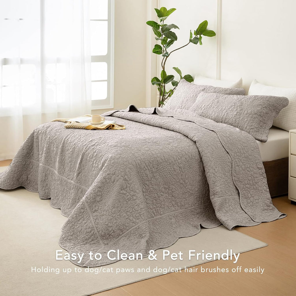 Lady Ann Oversized King 120x120 Quilt Set, 3 Pcs Stone-Washed Crinkled Linen Feel Cal King Size Bedspread Set, Crinkled Scalloped Edge Coverlet Extra Large Quilted Blanket Farmhouse Rustic Bedding Set