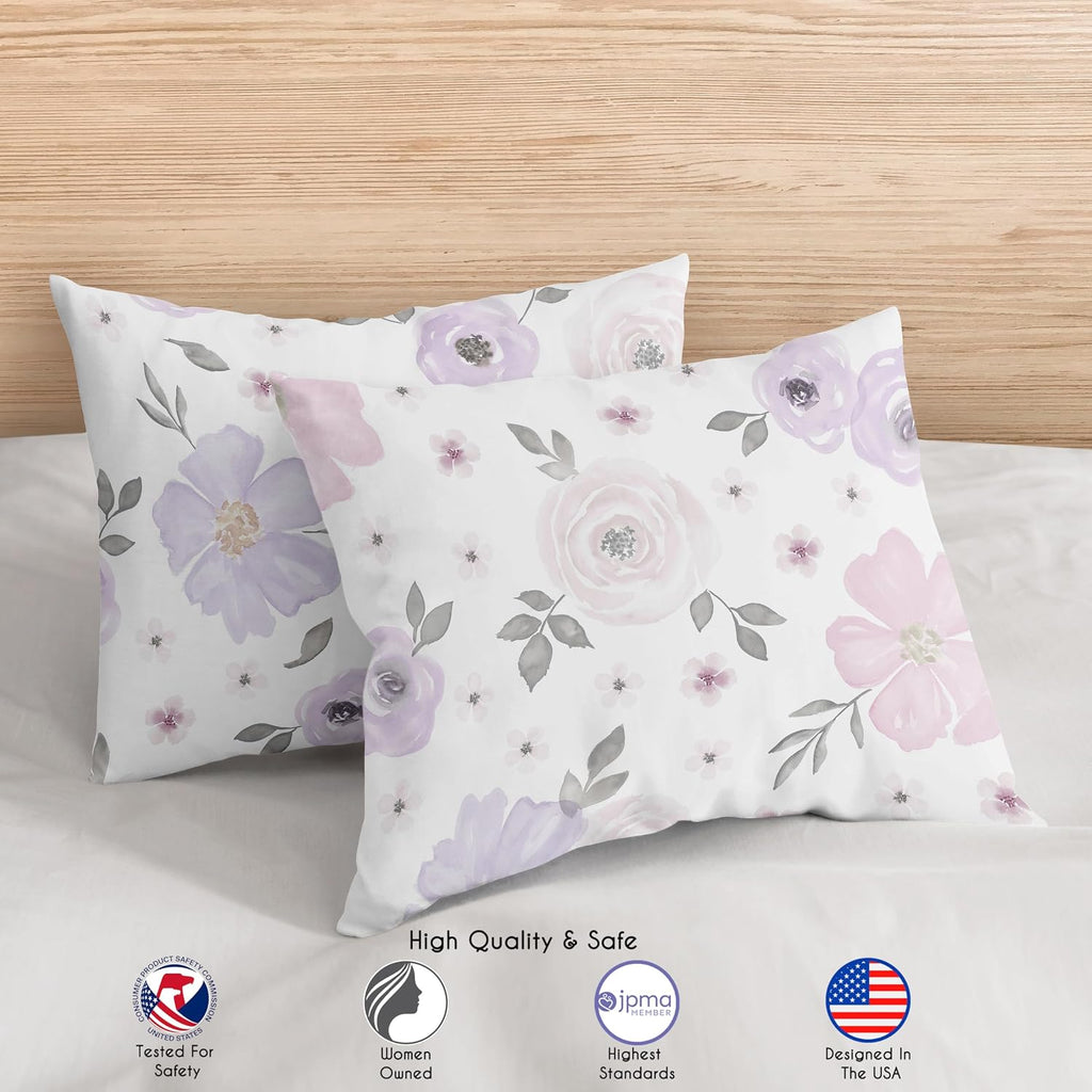 Sweet Jojo Designs Lavender Purple, Pink, Grey and White Shabby Chic Watercolor Floral Girl Full/Queen Teen Childrens Bedding Comforter Set - 3 Pieces - Rose Flower