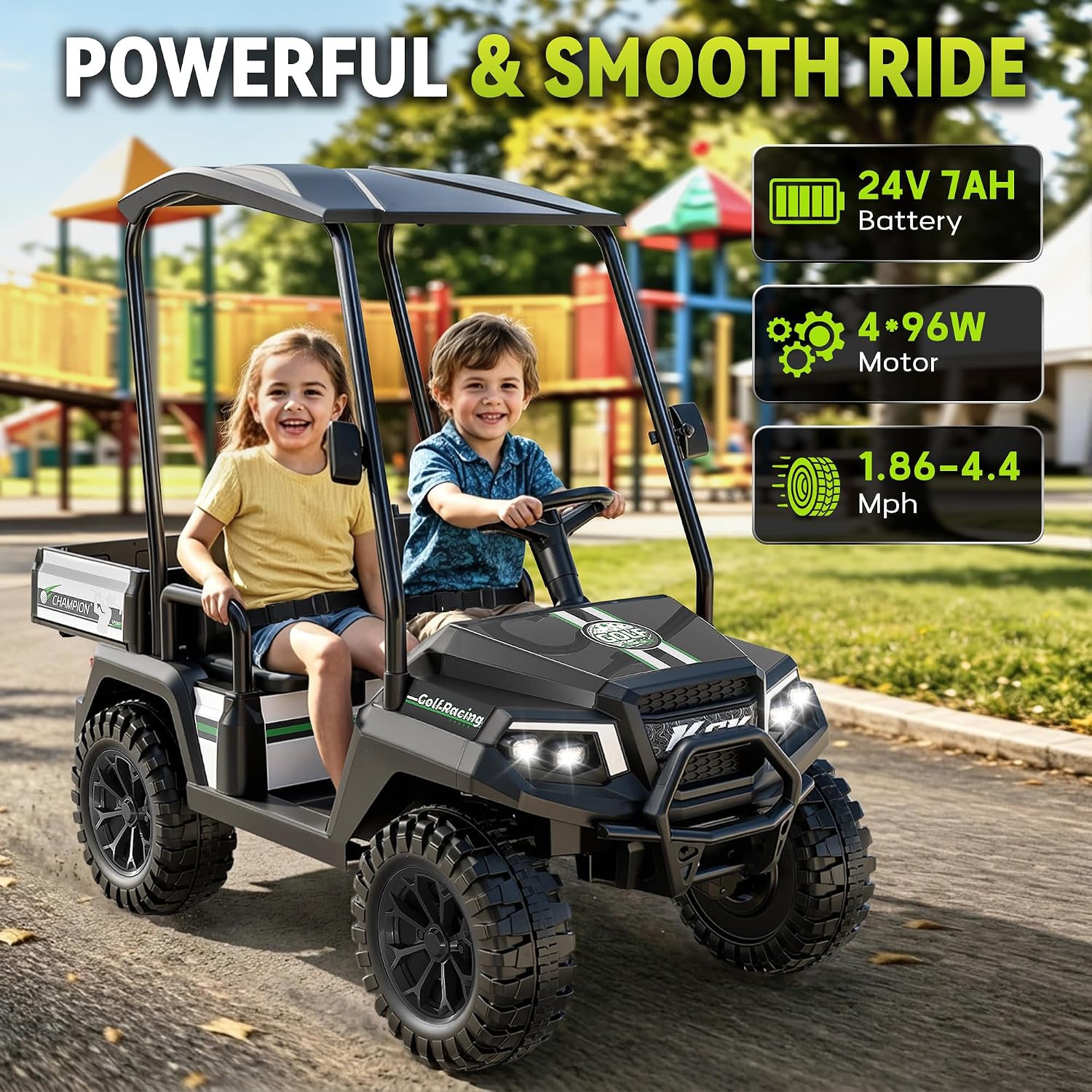 24V KidsGolf Cart w/Detachable Awning–4WD 2 Seater Ride on Car w/Large Storage Trunk, Remote Control, 3 Speeds, Music Player, LED Lights, Ride On Toys, Gift for Kids Ages 3-8(Black）
