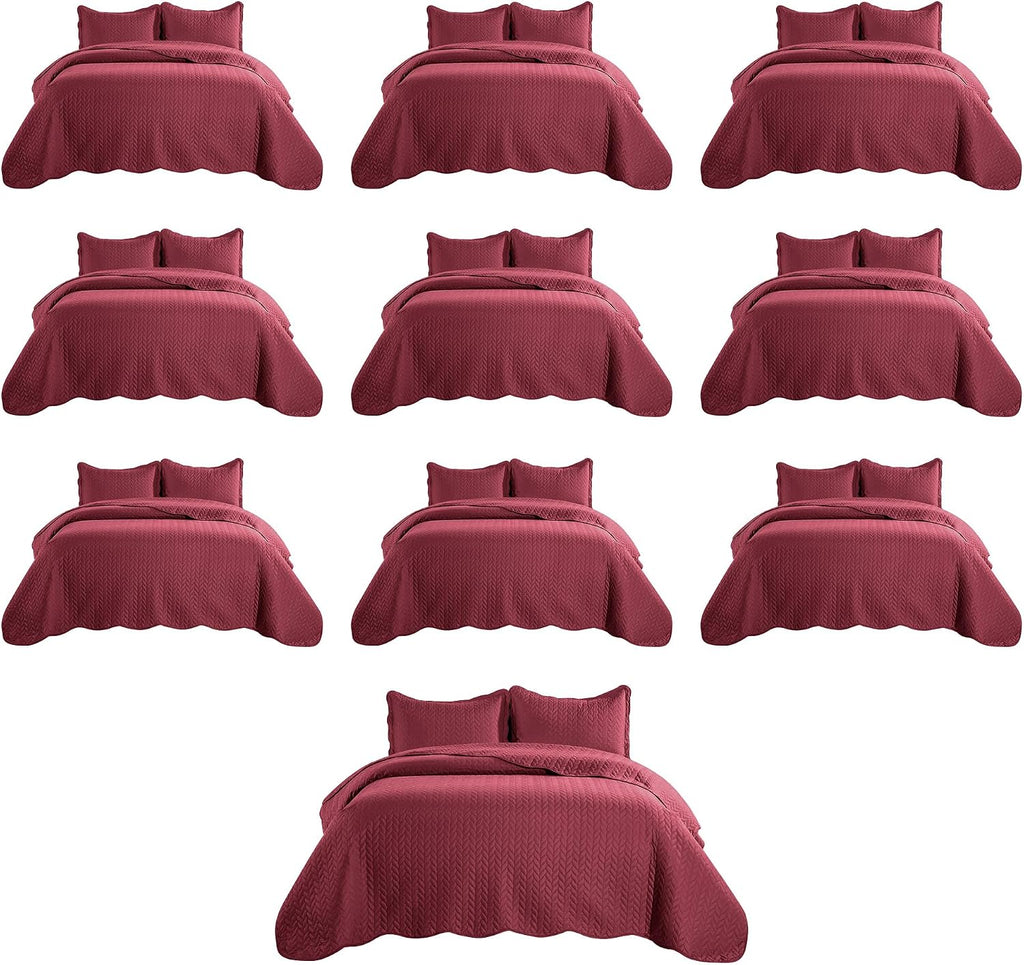 MOONLIGHT20015 Twin Quilt Bedding Set (68' x 86') - Bulk Pack of 10 Wholesale for Hotels, Guest Bedroom & Airbnbs - Lightweight Microfiber Reversible Embossed Quilts Bedspreads (Burgundy)