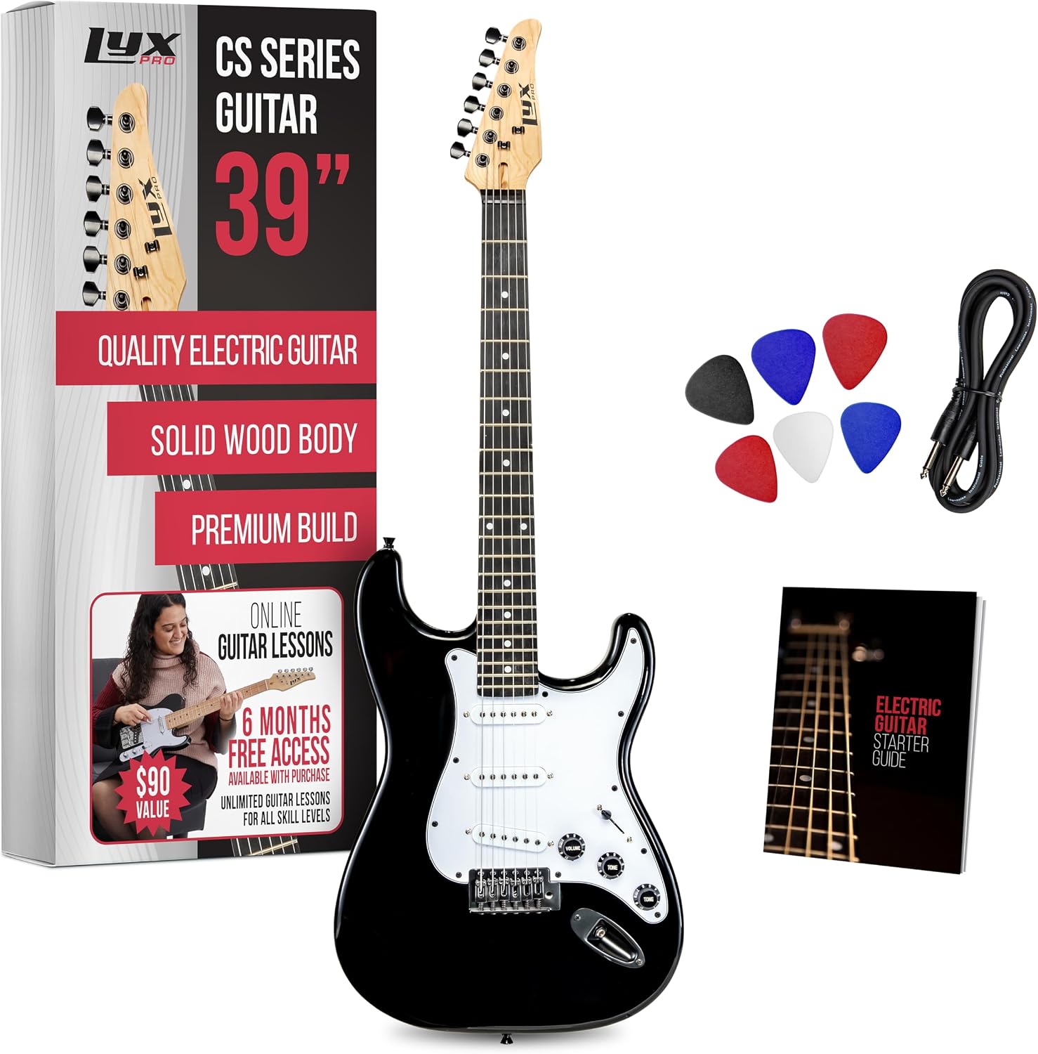 LyxPro CS 39' Electric Guitar Kit for Beginner, Intermediate & Pro Players with Guitar, Amp Cable, 6 Picks & Learner's Guide | Solid Wood Body, Volume/Tone Controls, 5-Way Pickup - Black