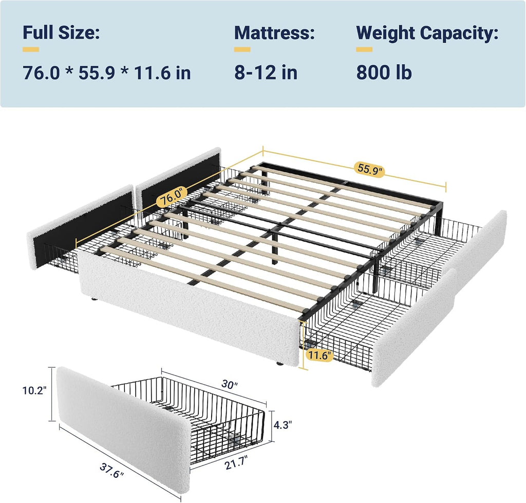 Allewie Full Size Bed Frame with 4 Oversized Storage Drawers, Soft Teddy Fabric, Boucle Upholstered Platform Bed, Wooden Slats Support, Noise-Free, No Box Spring Needed, Easy Assembly, White