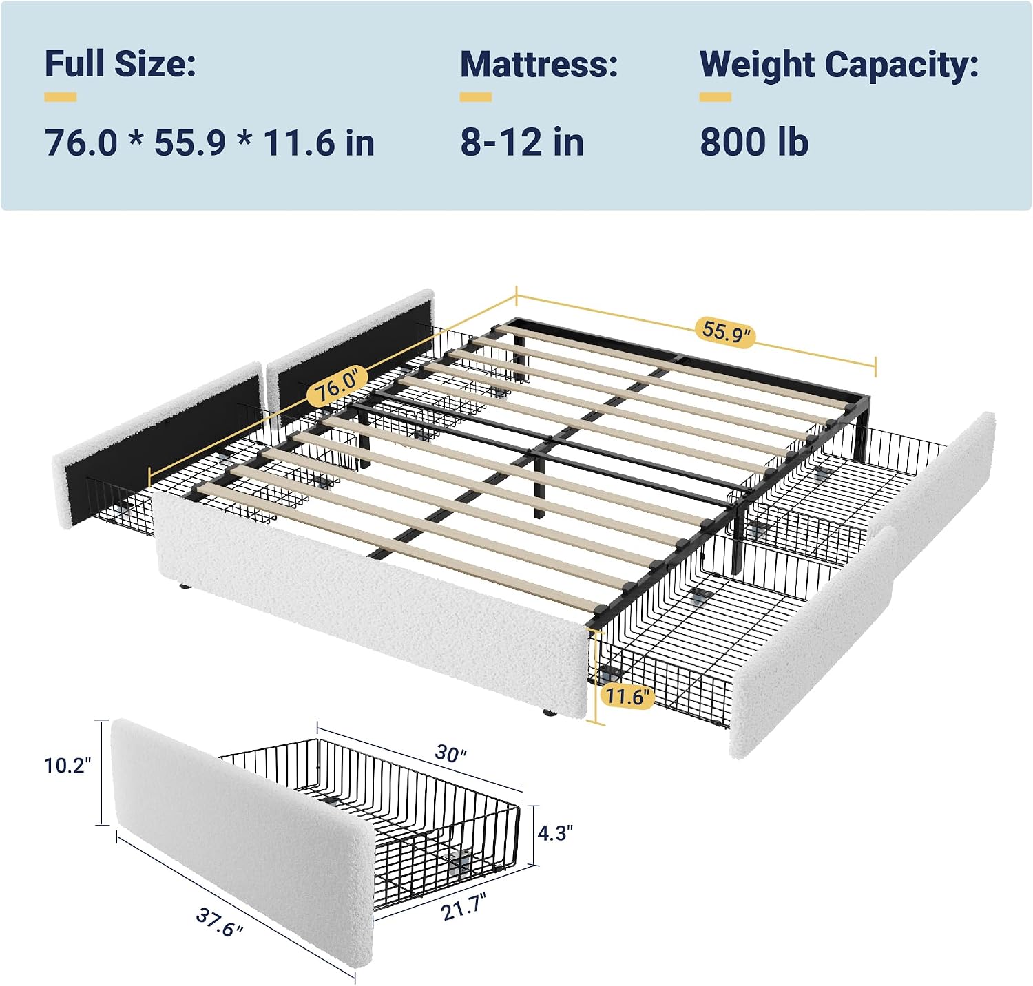 Allewie Full Size Bed Frame with 4 Oversized Storage Drawers, Soft Teddy Fabric, Boucle Upholstered Platform Bed, Wooden Slats Support, Noise-Free, No Box Spring Needed, Easy Assembly, White